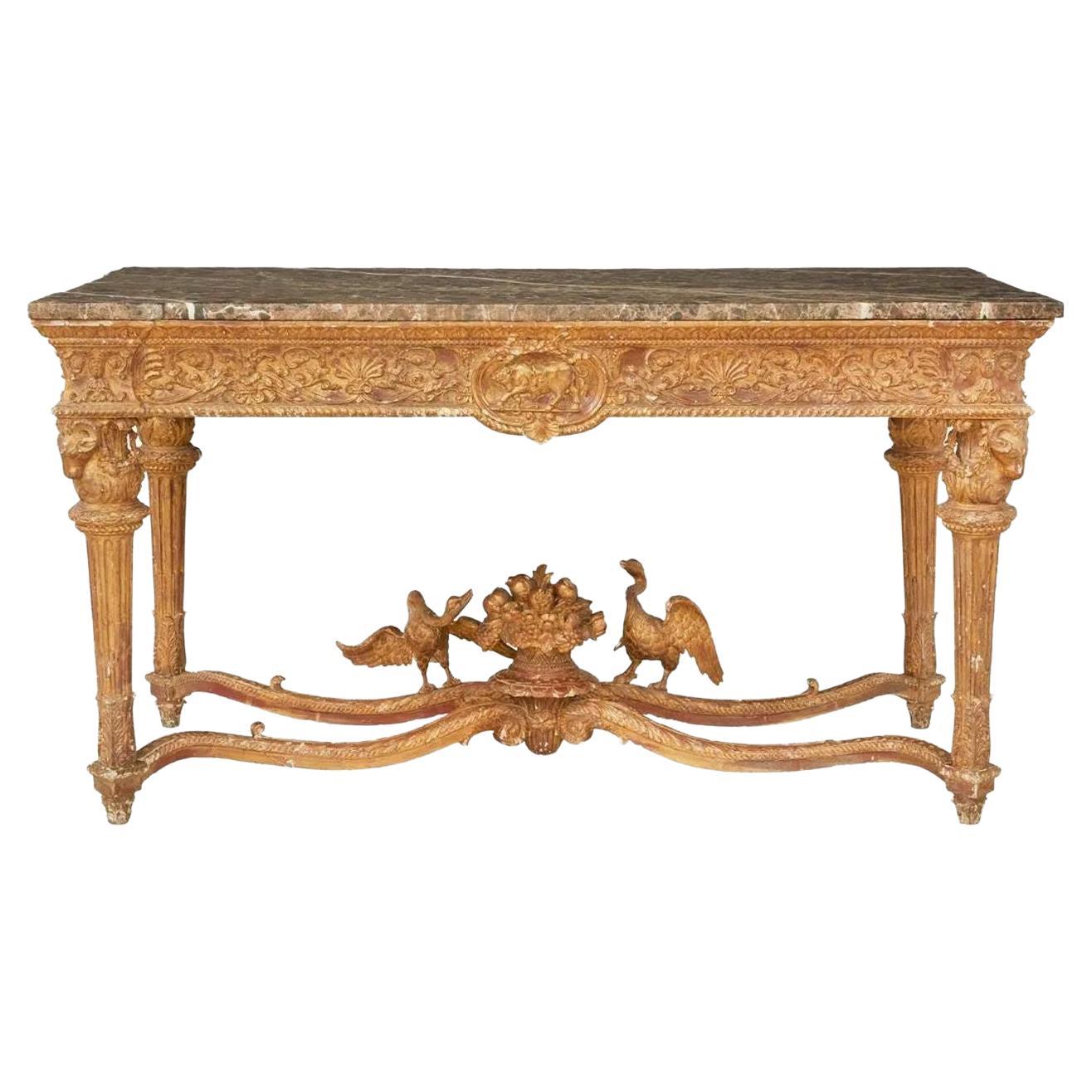 Italian Louis XVI Style Giltwood Console / Center Table, Hand Carved, Figural For Sale