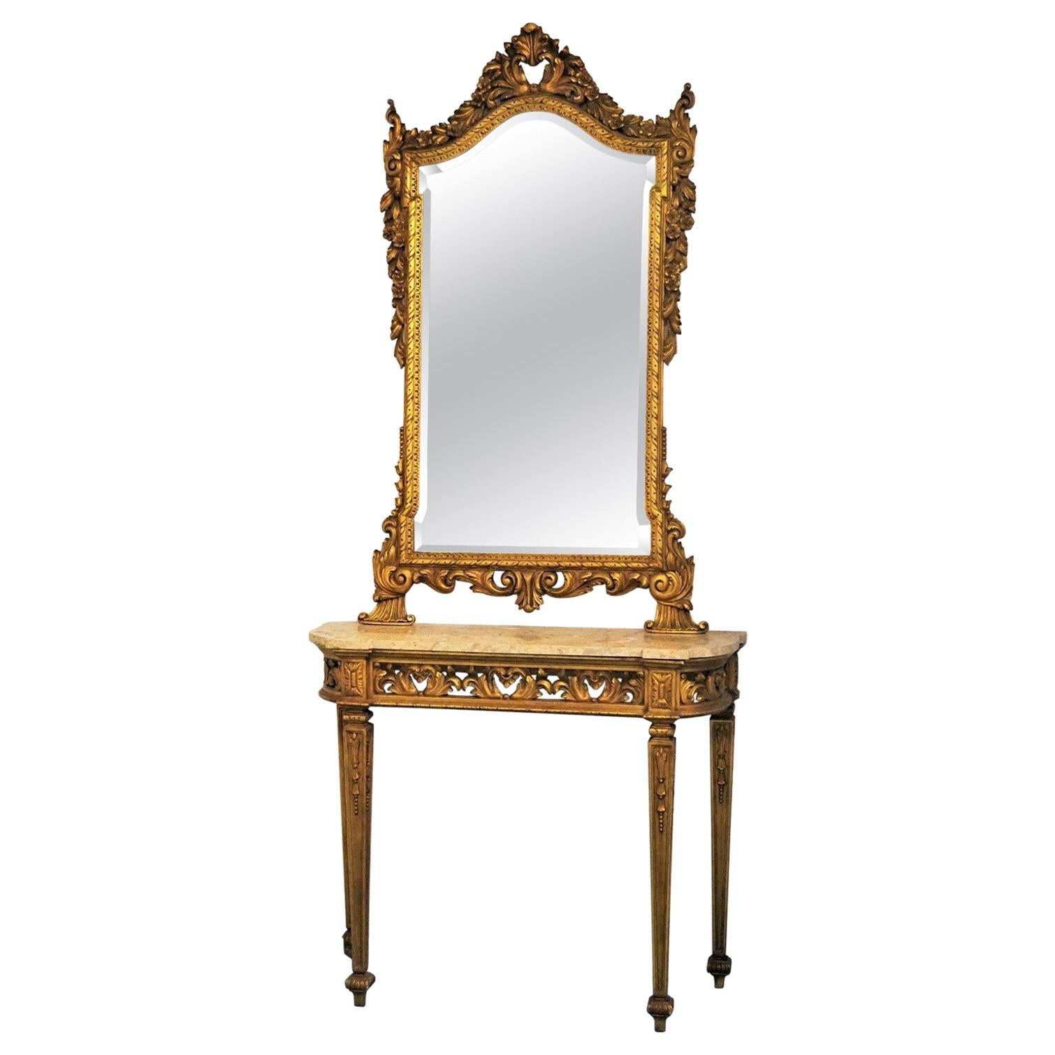 Italian Louis XVI Style Giltwood Console Table and Mirror, 19th Century