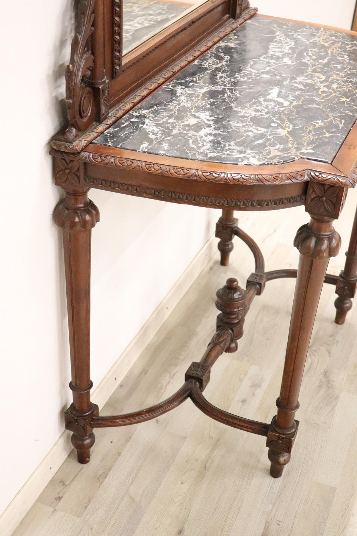 Italian Louis XVI Style Walnut Carved Marble Top Console Table with Mirror 9