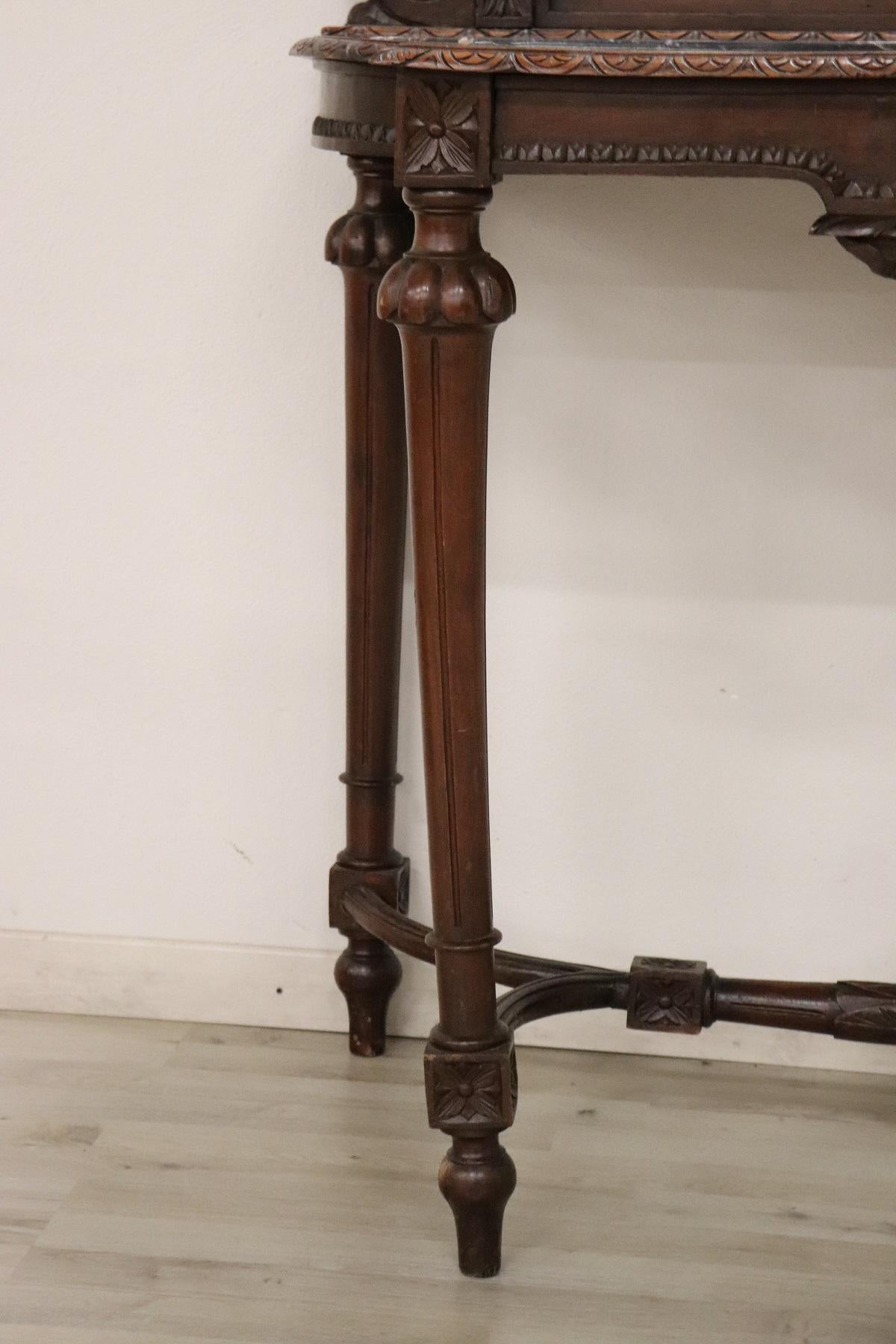 Early 20th Century Italian Louis XVI Style Walnut Carved Marble Top Console Table with Mirror