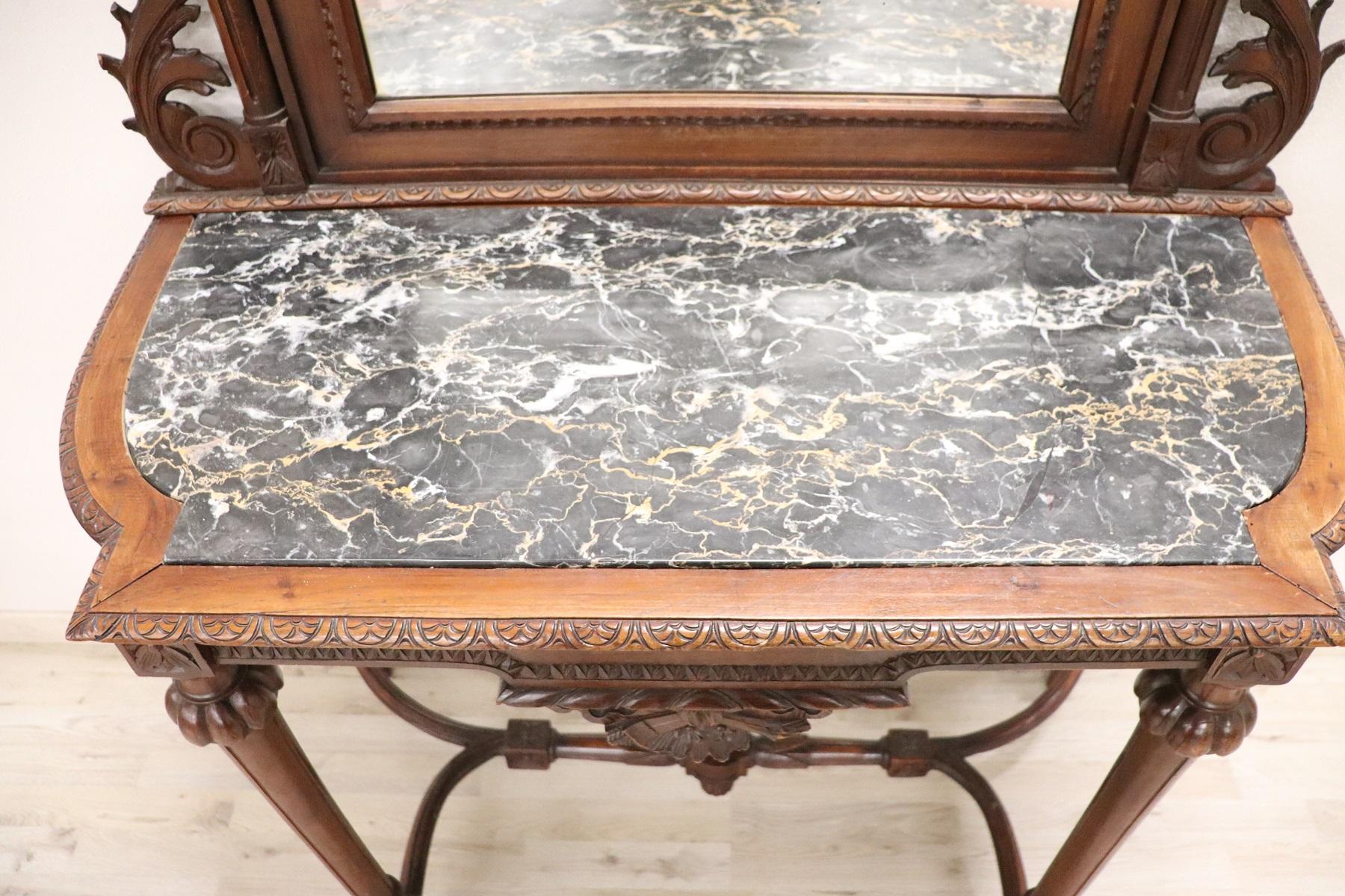Italian Louis XVI Style Walnut Carved Marble Top Console Table with Mirror 5