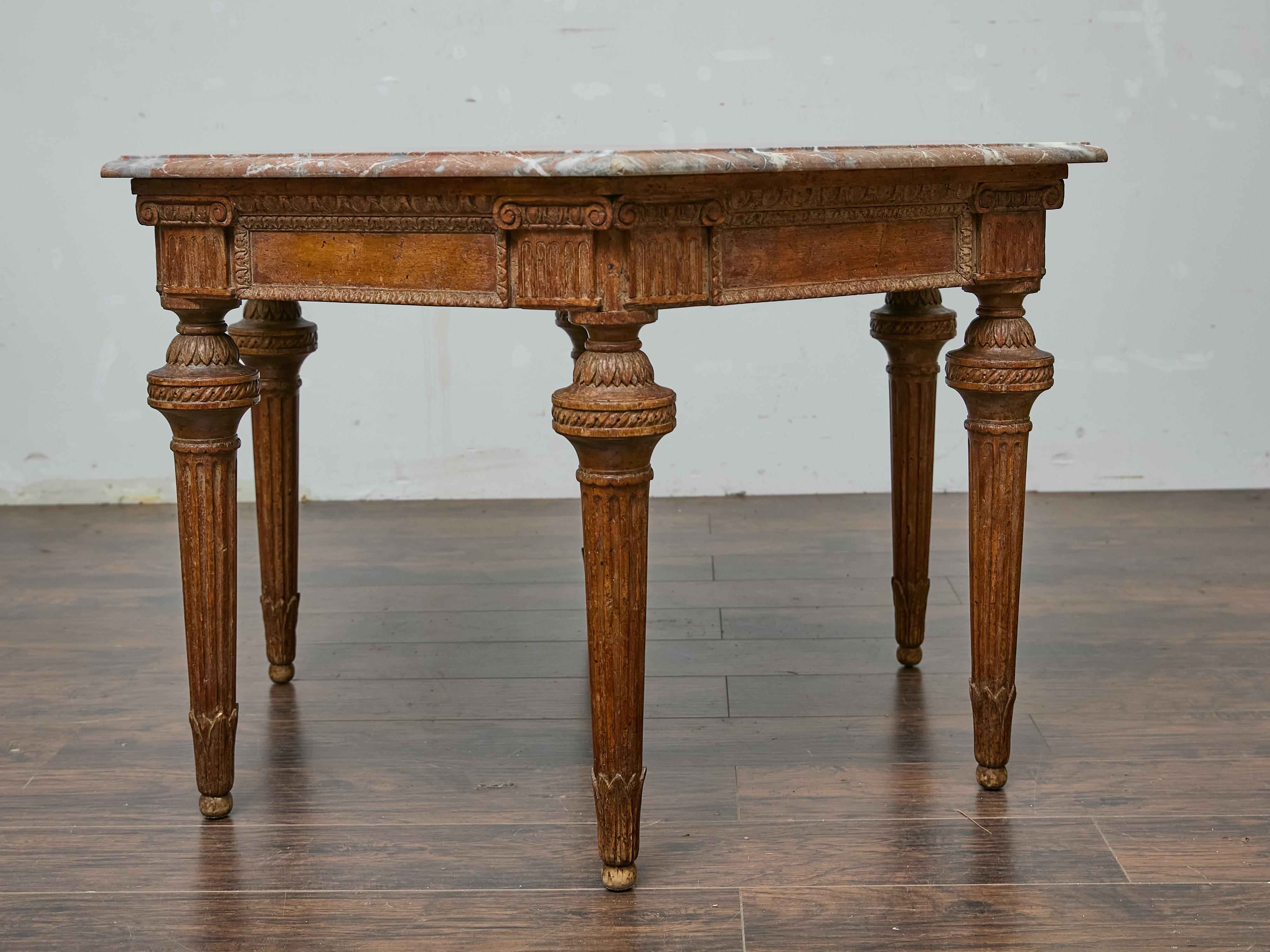 Italian Louis XVI Style Walnut Carved Table with Hexagonal Marble Top For Sale 6