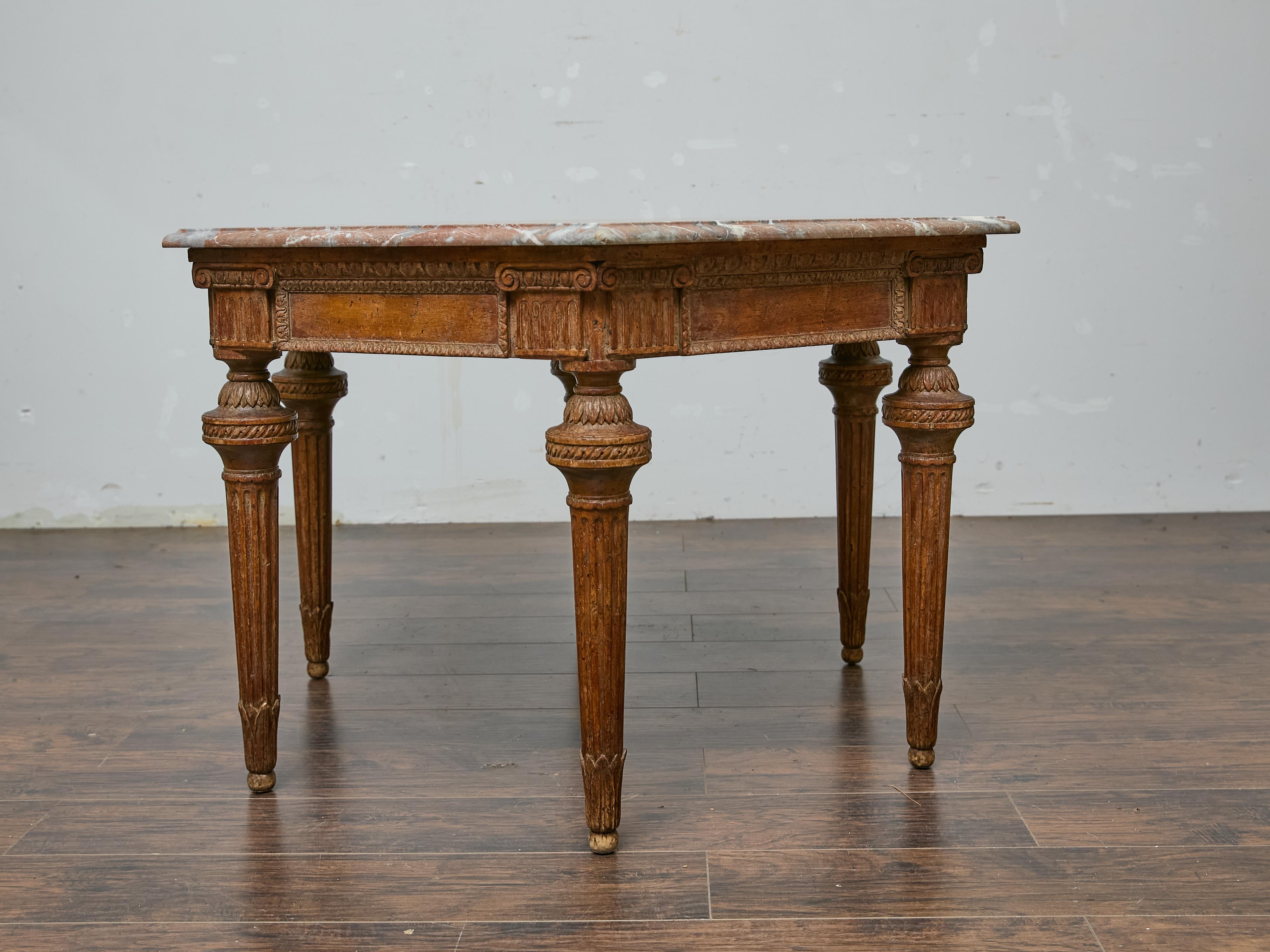 Italian Louis XVI Style Walnut Carved Table with Hexagonal Marble Top For Sale 7