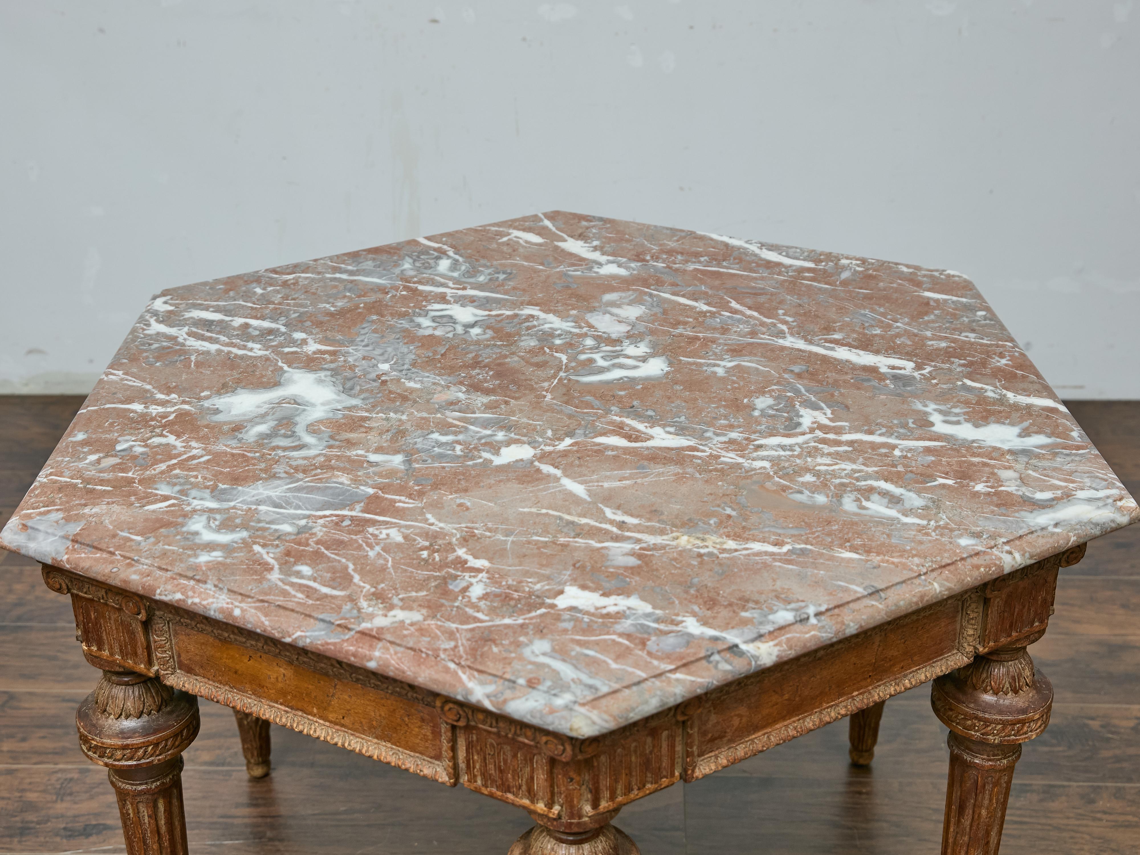 Italian Louis XVI Style Walnut Carved Table with Hexagonal Marble Top For Sale 9