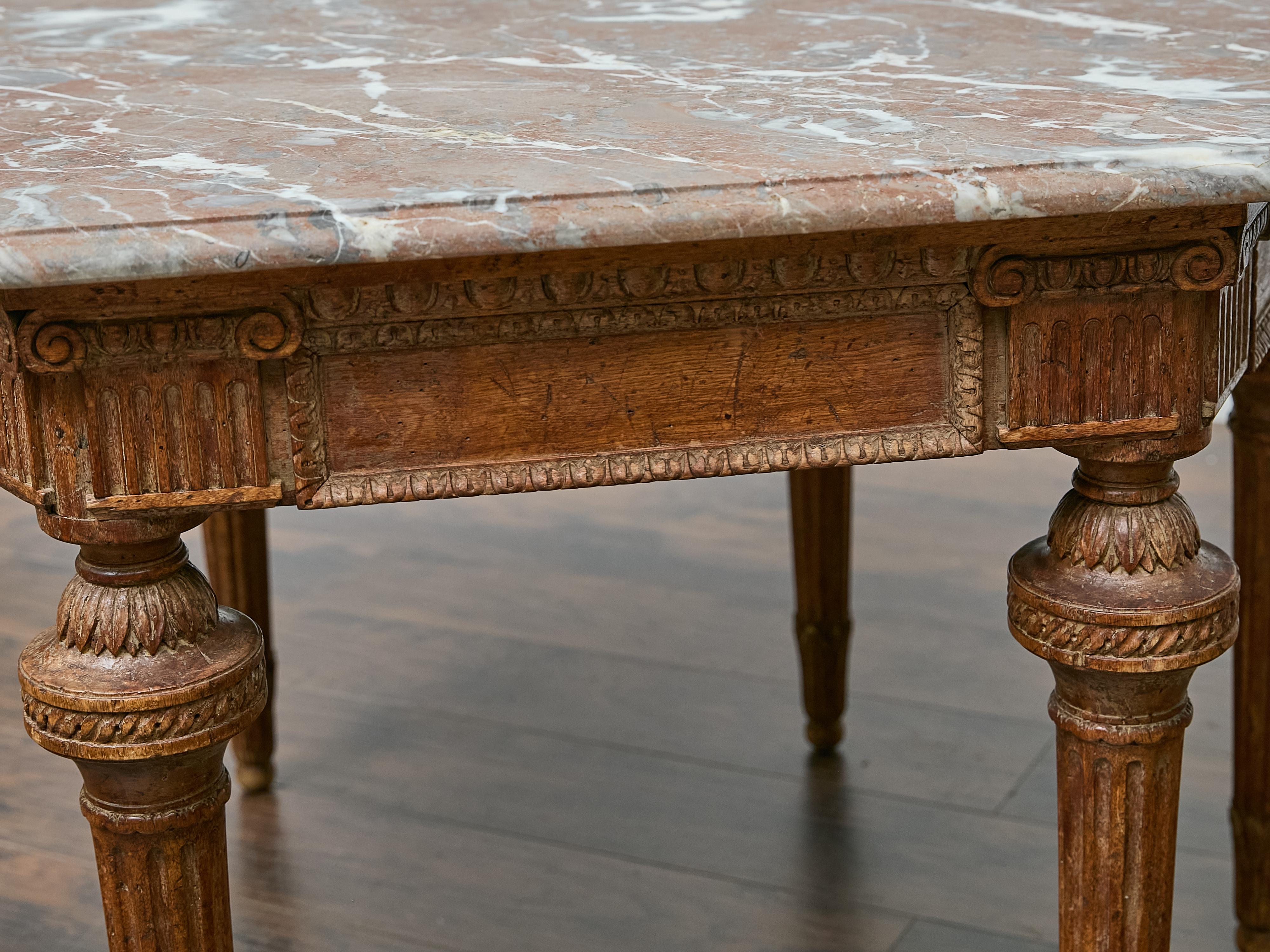 Italian Louis XVI Style Walnut Carved Table with Hexagonal Marble Top For Sale 10