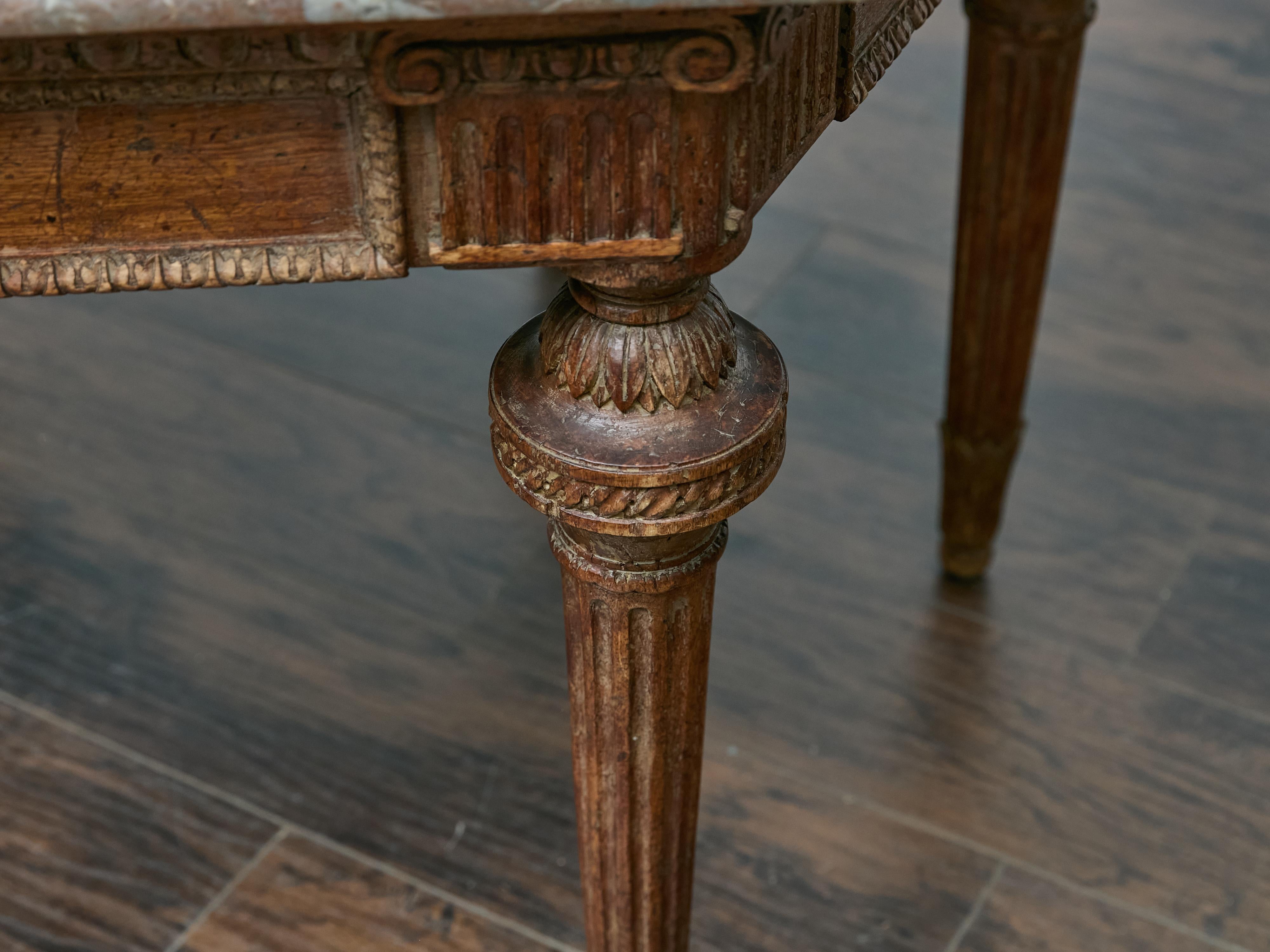 Italian Louis XVI Style Walnut Carved Table with Hexagonal Marble Top For Sale 11