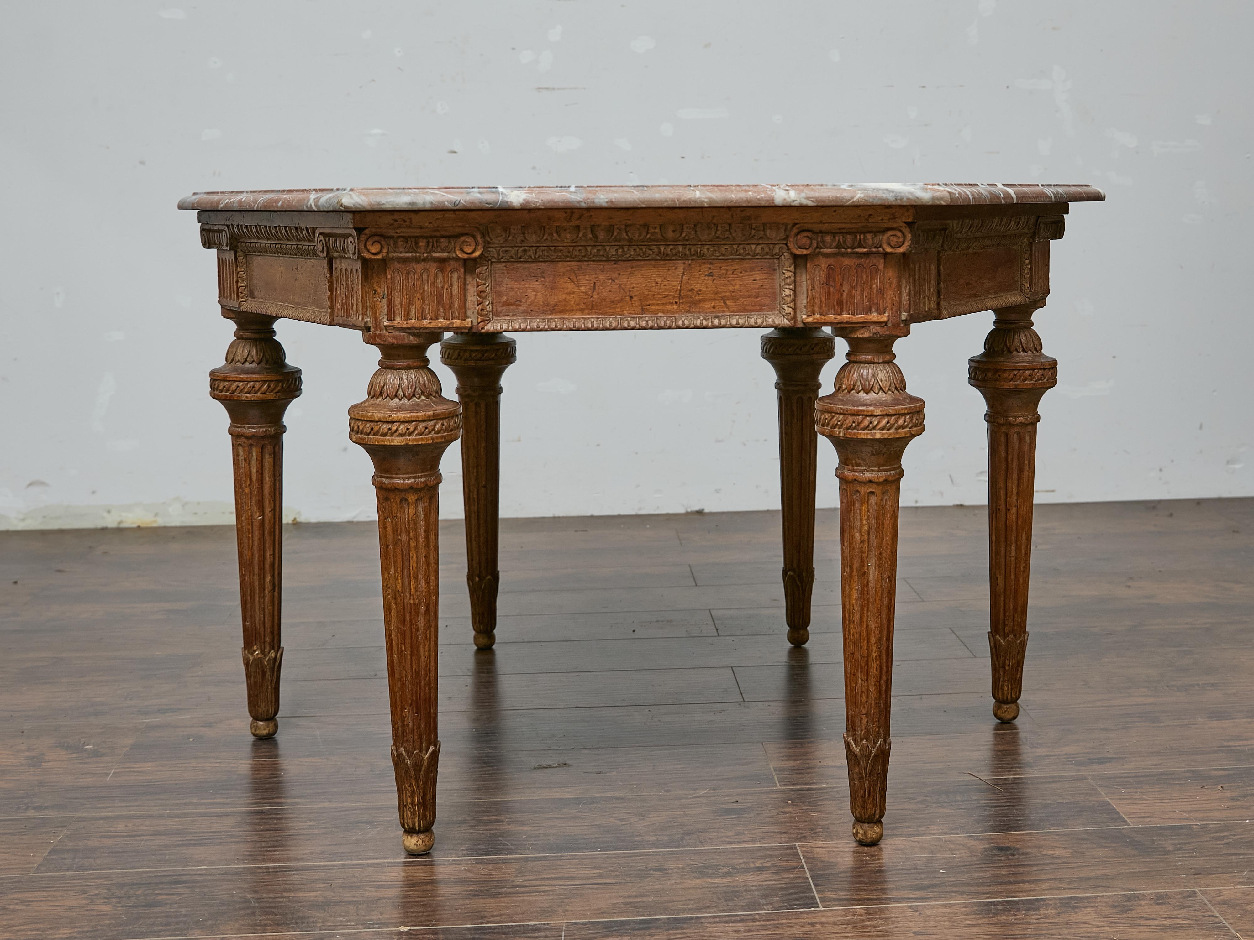 Italian Louis XVI Style Walnut Carved Table with Hexagonal Marble Top For Sale 14