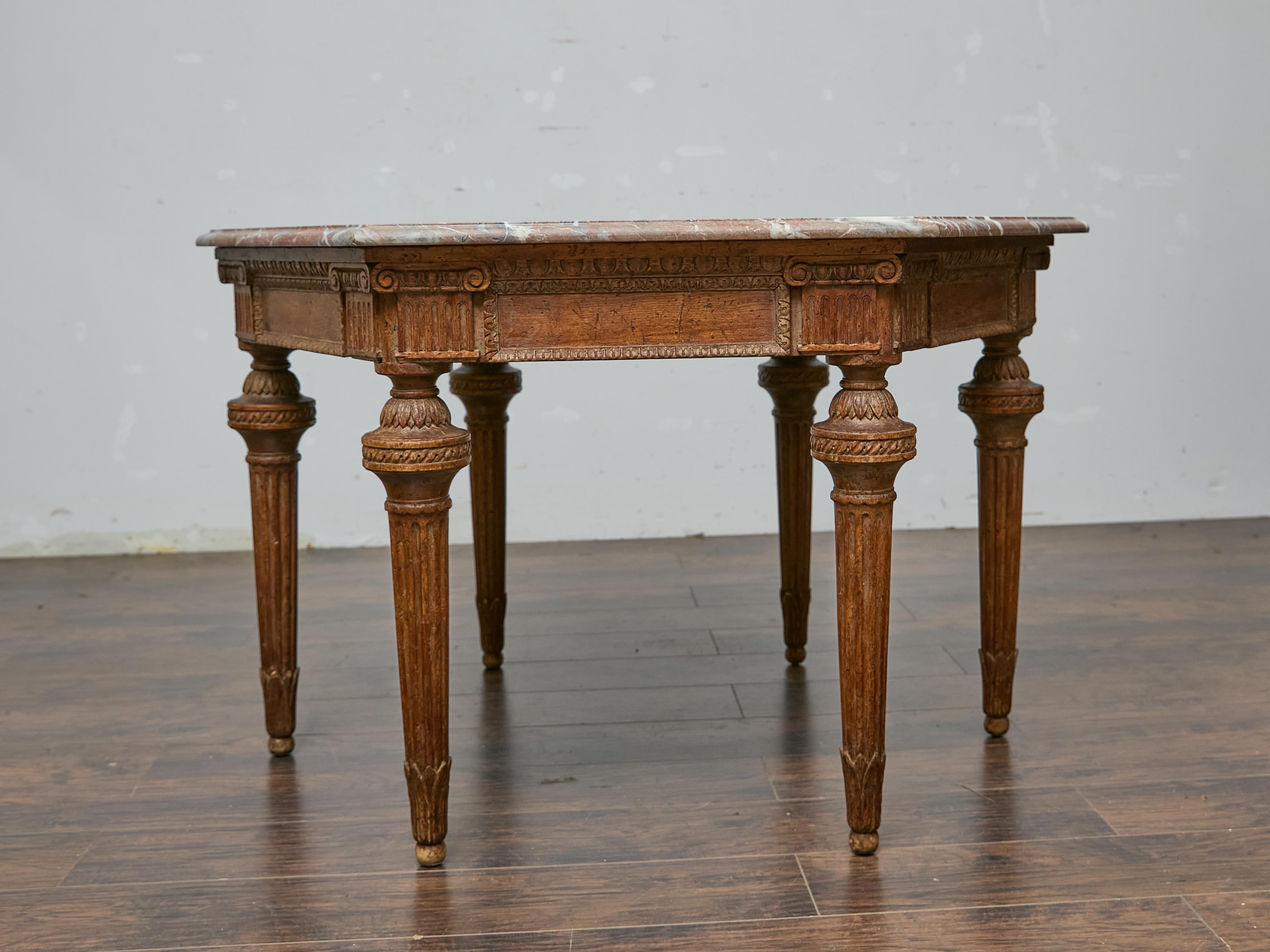 19th Century Italian Louis XVI Style Walnut Carved Table with Hexagonal Marble Top For Sale