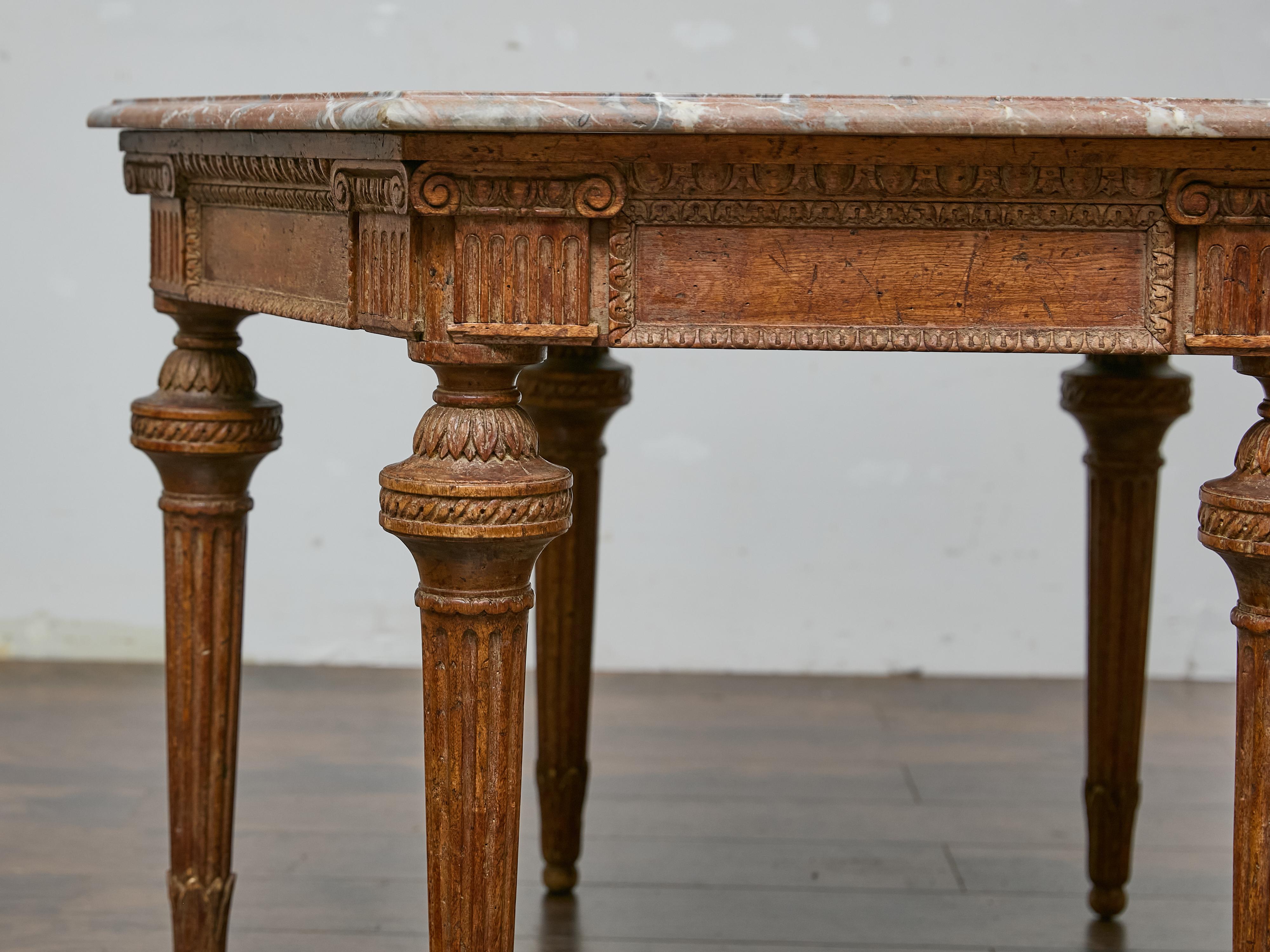 Italian Louis XVI Style Walnut Carved Table with Hexagonal Marble Top For Sale 2