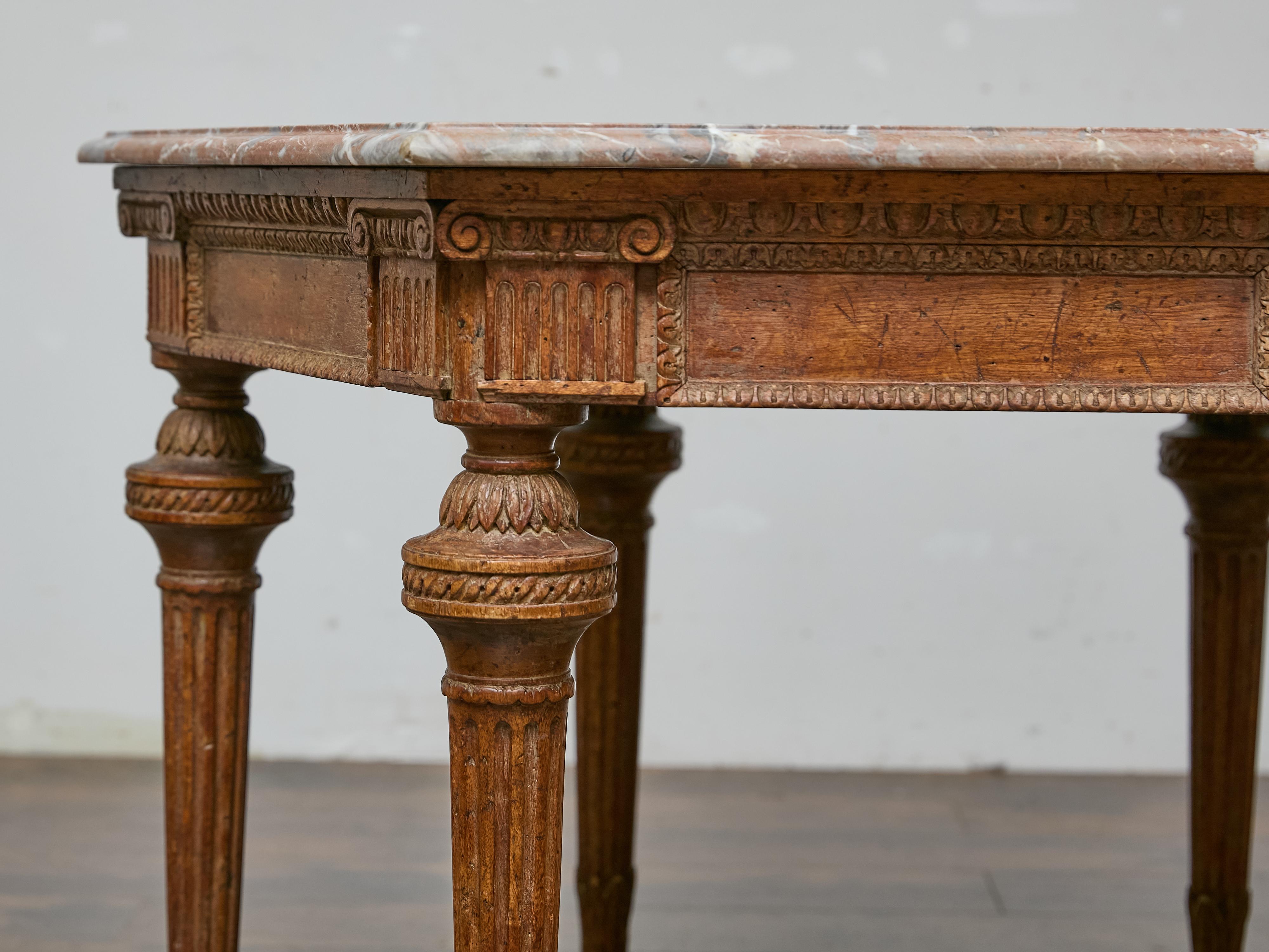 Italian Louis XVI Style Walnut Carved Table with Hexagonal Marble Top For Sale 3
