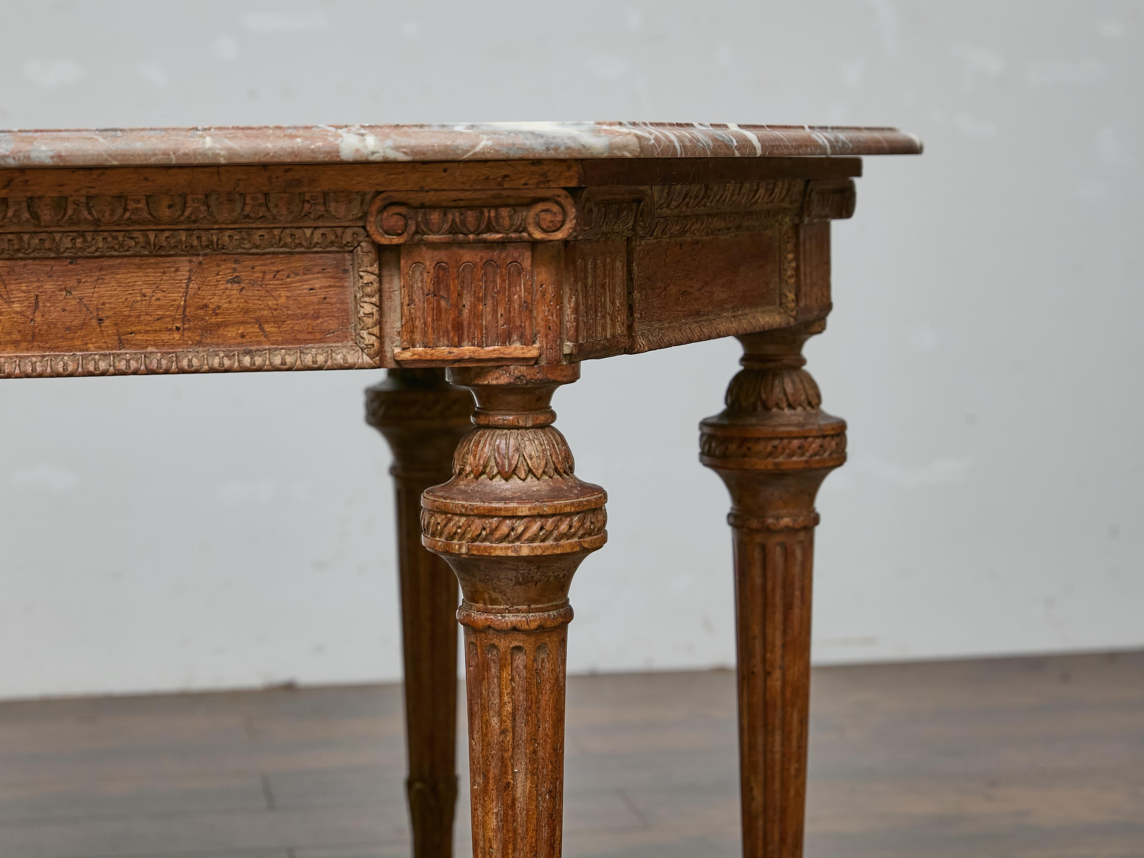 Italian Louis XVI Style Walnut Carved Table with Hexagonal Marble Top For Sale 4