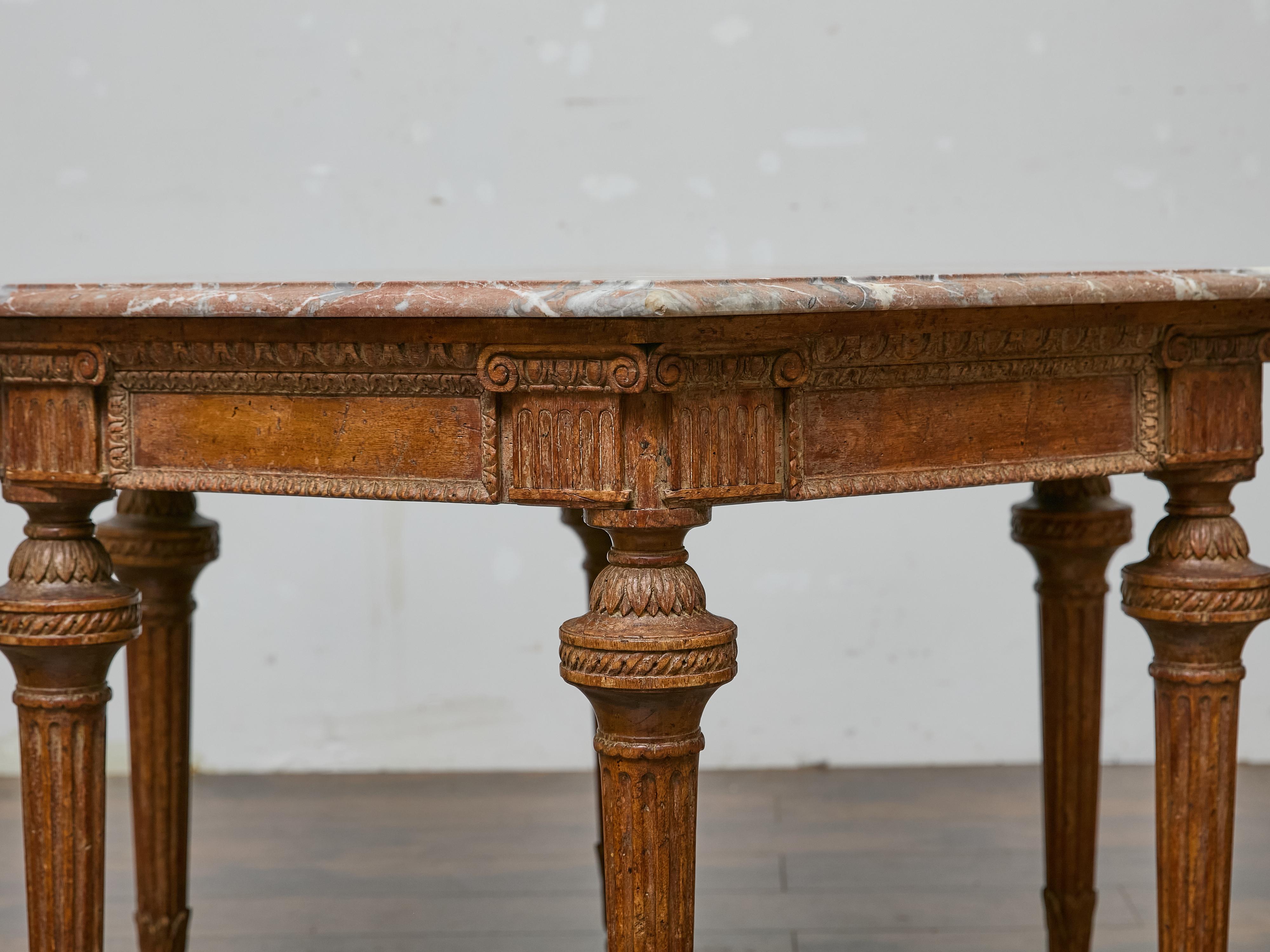 Italian Louis XVI Style Walnut Carved Table with Hexagonal Marble Top For Sale 5