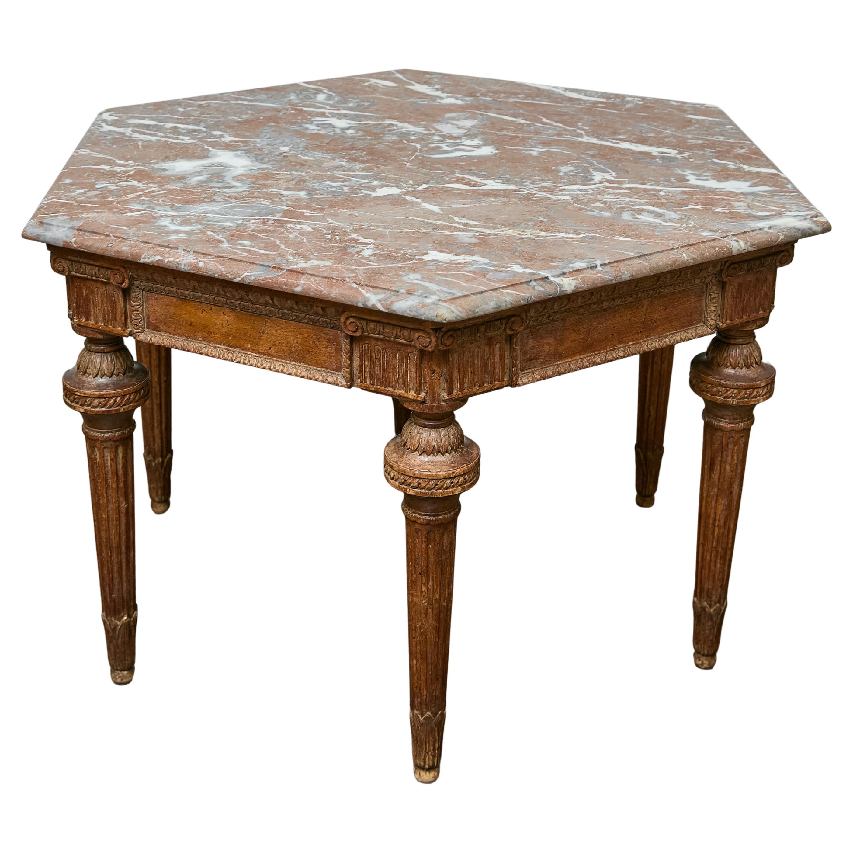 Italian Louis XVI Style Walnut Carved Table with Hexagonal Marble Top For Sale