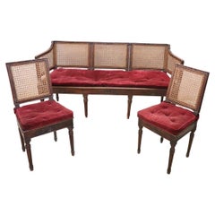 Canapé ancien italien Louis XVI en noyer et paille de Vienne avec 2 chaises