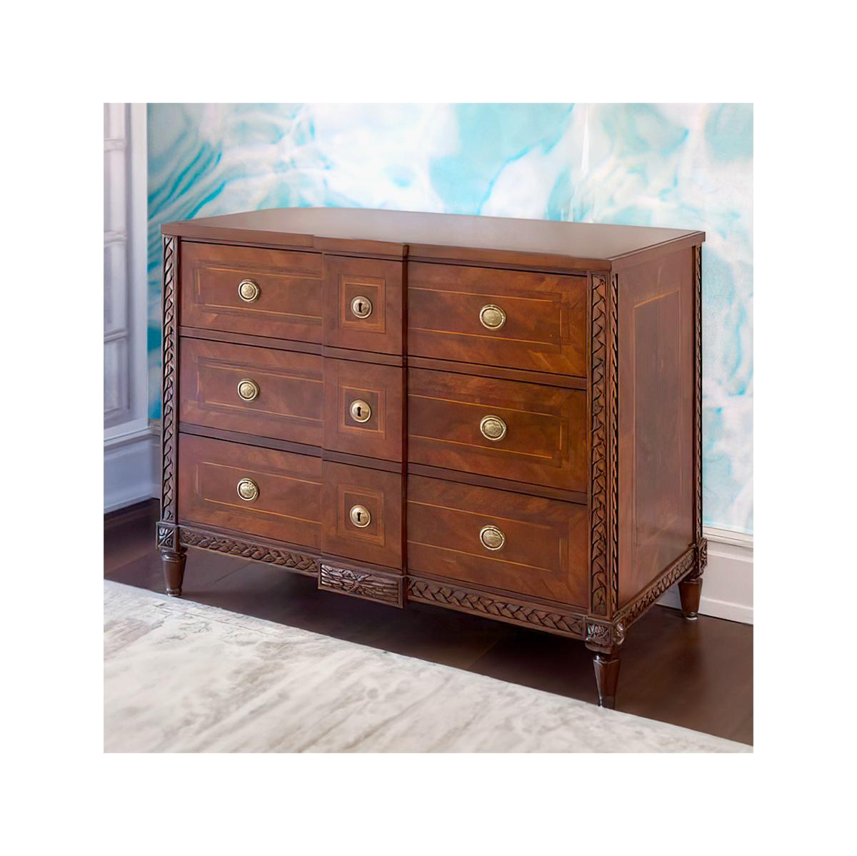 Italian Louis XVI Walnut Commode with three breakfront long drawers, each with parquetry inlaid banding of burl and satinwood, a wonderful hand-carved frame of wheat and ribbons, the sides paneled and inlaid and the case raised on turned and tapered