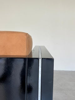 Italian Lounge Armchair, Black Lacquered Wood & Tan Leather, 1970s