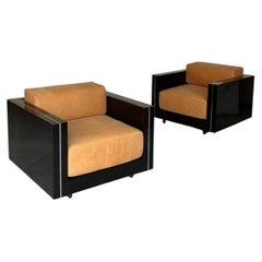 Italian Lounge Armchair, Black Lacquered Wood & Tan Leather, 1970s