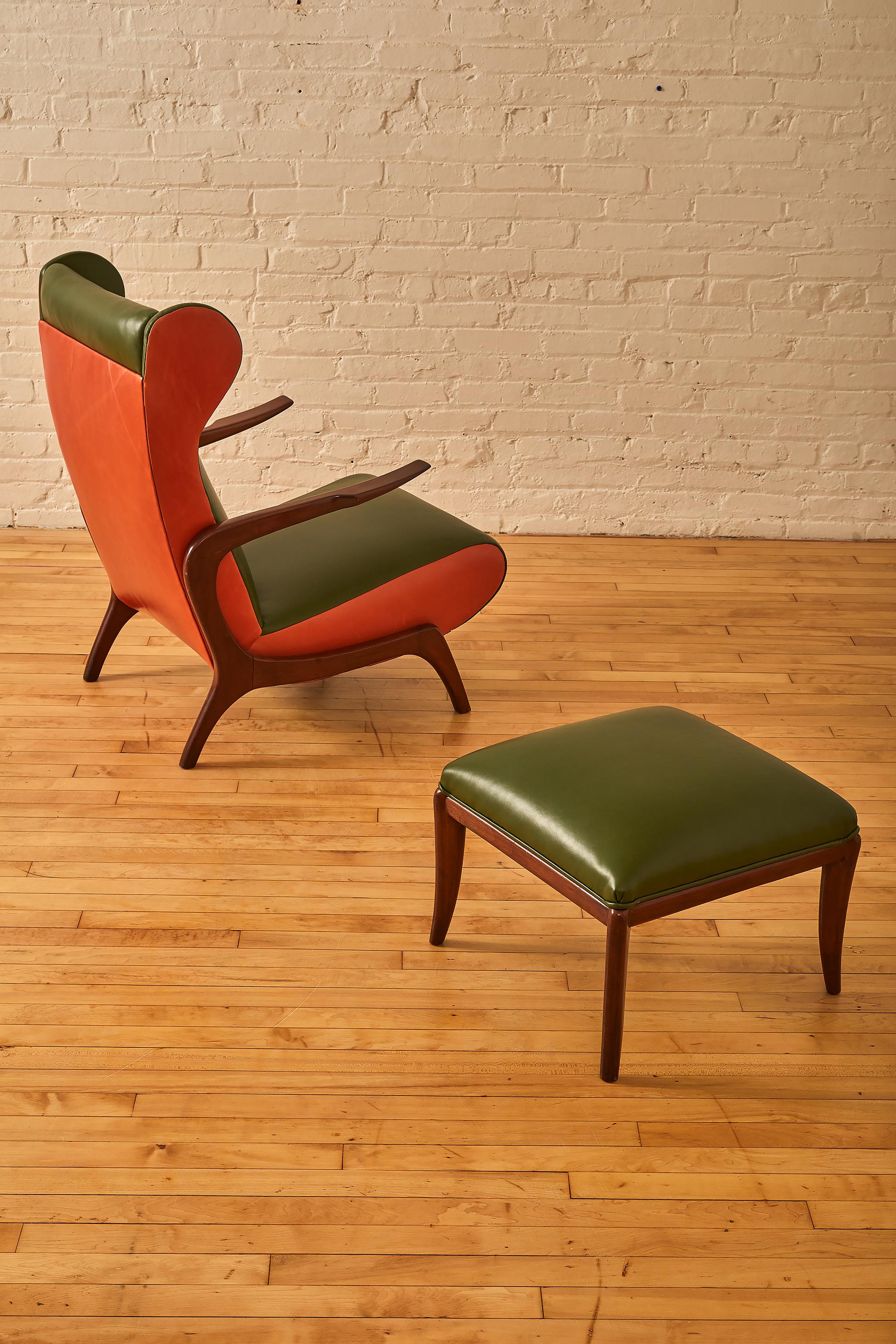 Mid-Century Modern Italian Lounge Chair and Ottoman in Two Tone Leather For Sale