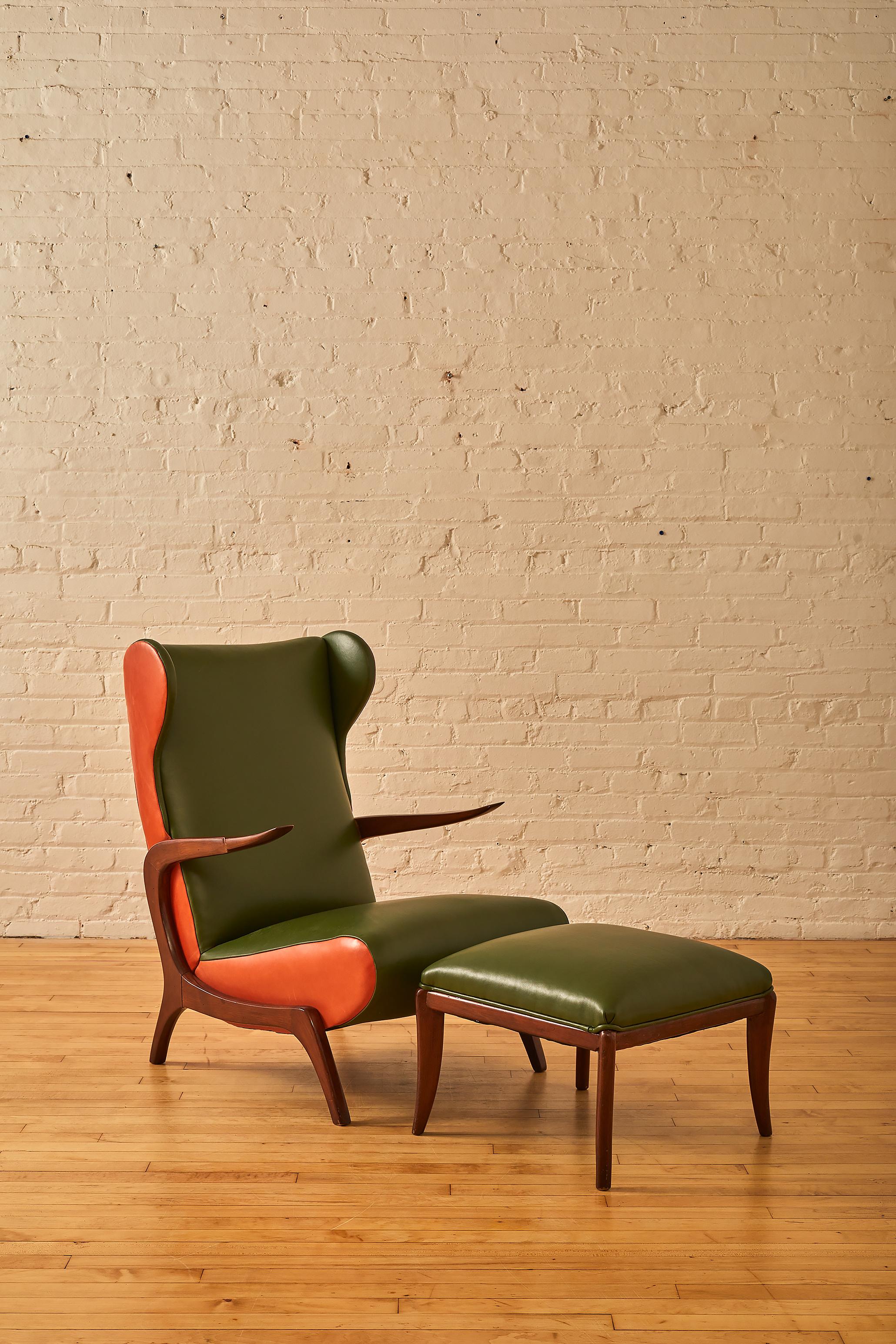 Italian Lounge Chair and Ottoman in Two Tone Leather For Sale