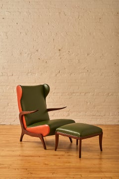 Vintage Italian Lounge Chair and Ottoman in Two Tone Leather