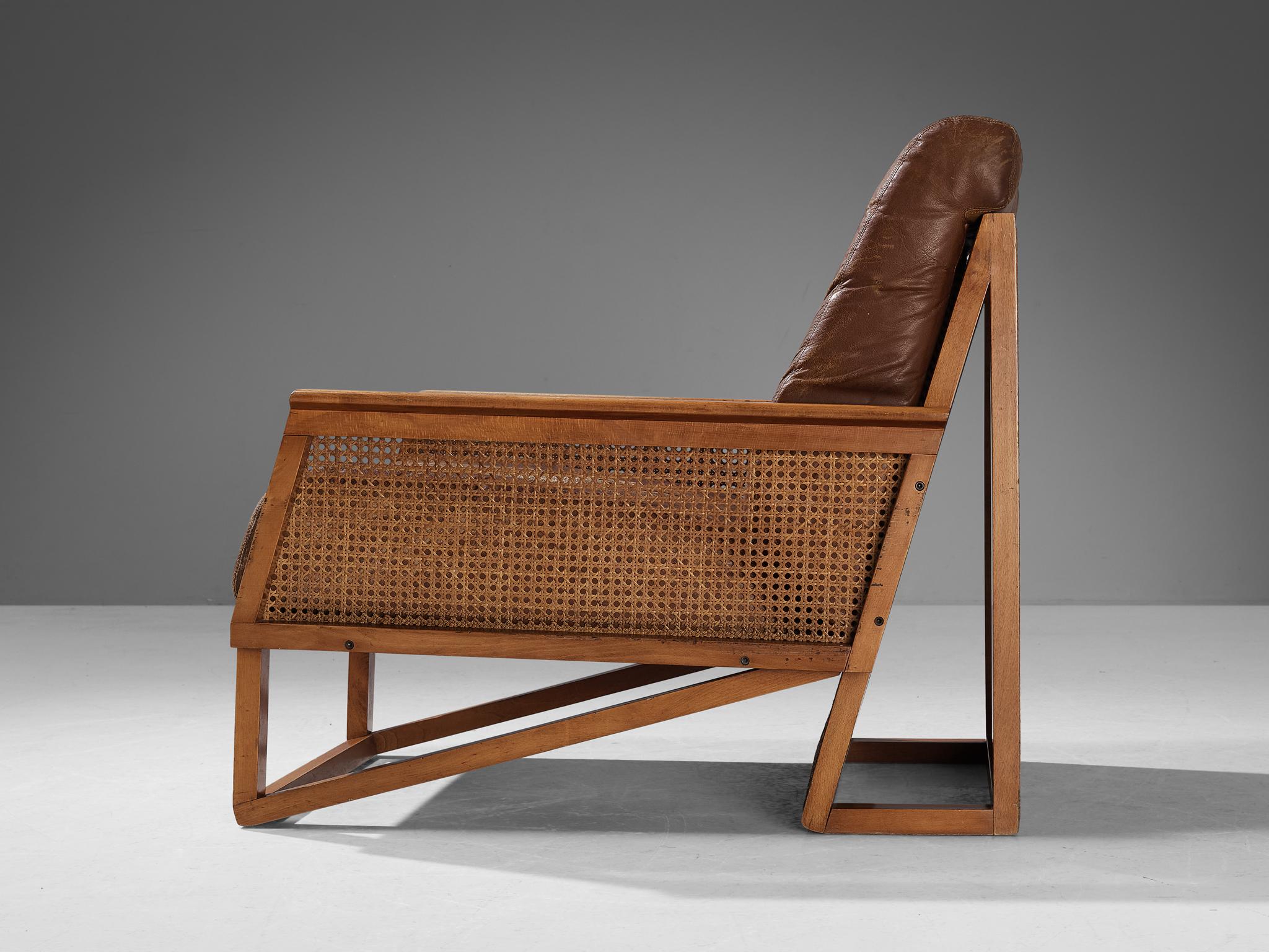 Post-Modern Italian Lounge Chair and Ottoman in Wood and Cane Webbing  For Sale