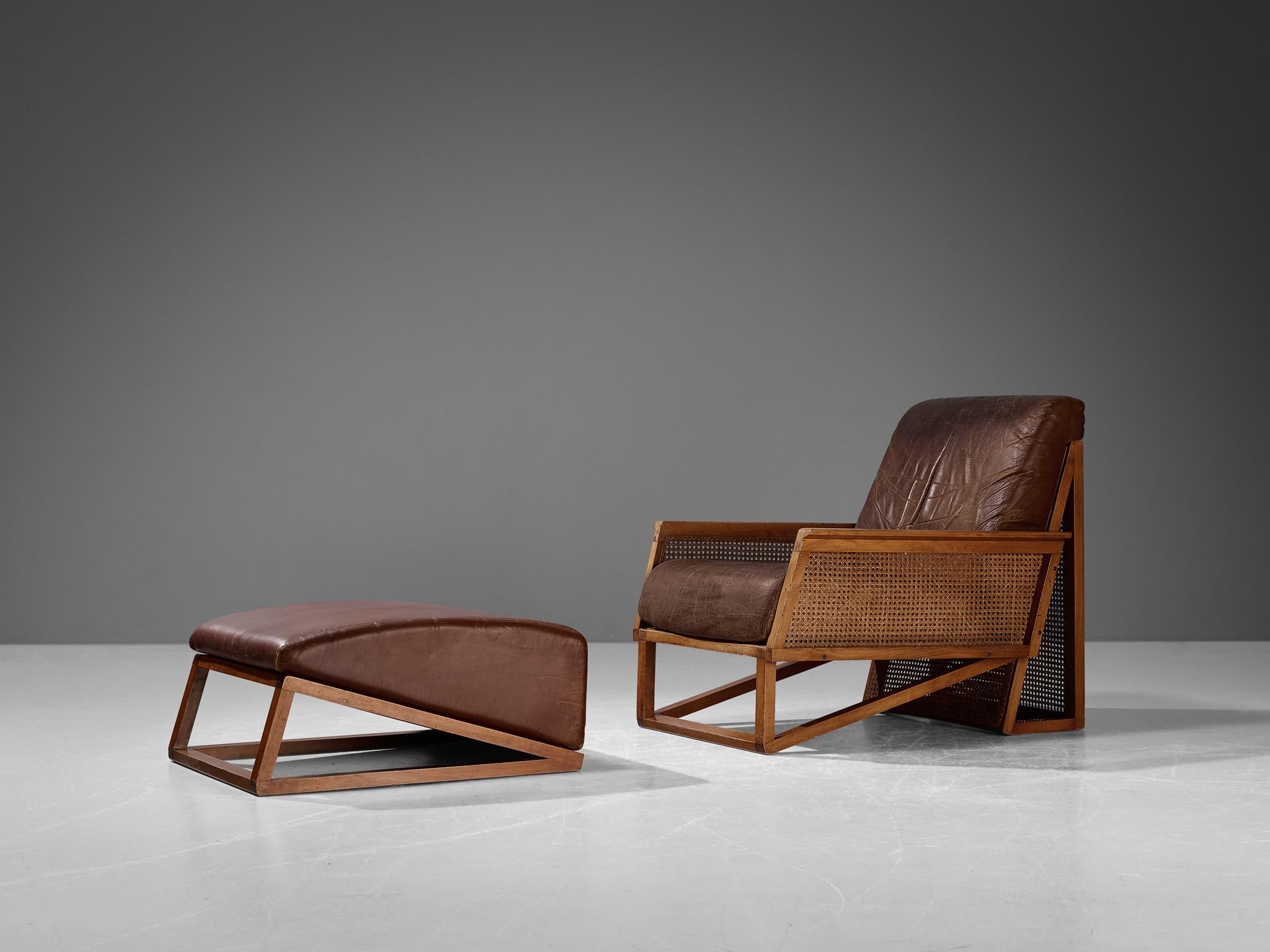 Leather Italian Lounge Chair and Ottoman in Wood and Cane Webbing  For Sale