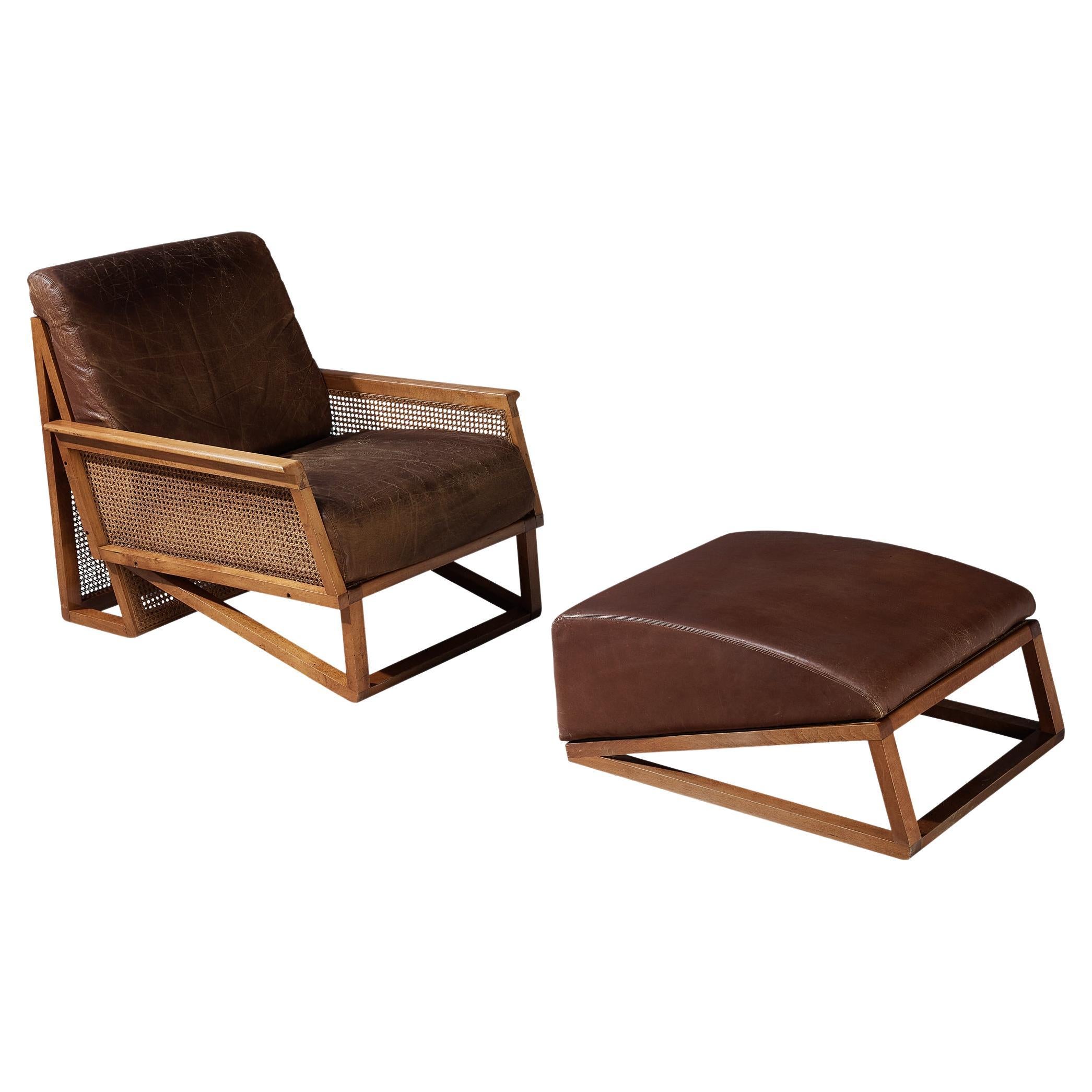 Italian Lounge Chair and Ottoman in Wood and Cane Webbing  For Sale