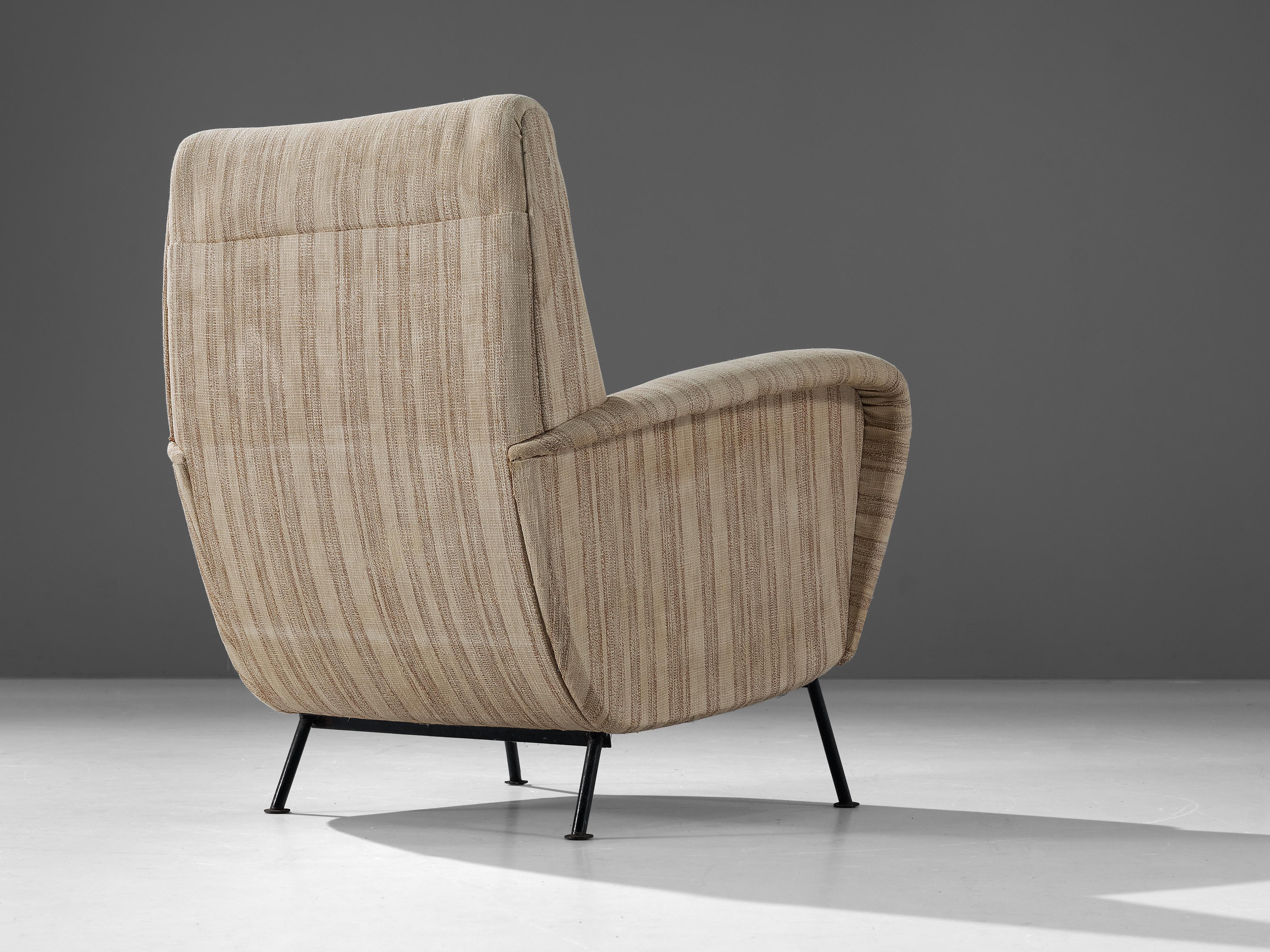 Mid-Century Modern Italian Lounge Chair in Beige Striped Upholstery For Sale