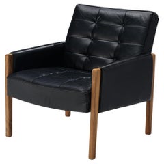 Italian Lounge Chair in Black Leather and Stained Walnut
