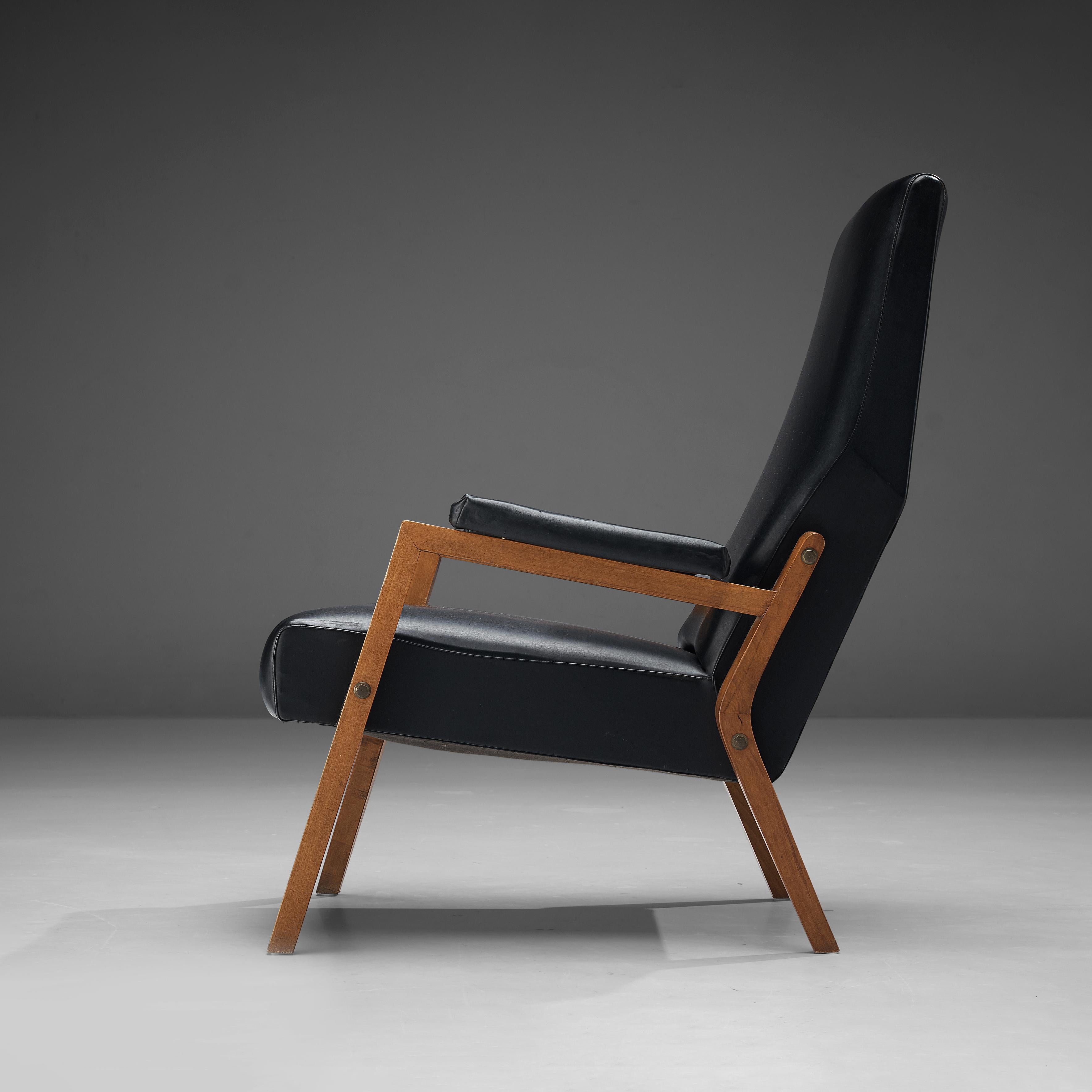 Mid-20th Century Italian Lounge Chair in Black Leather