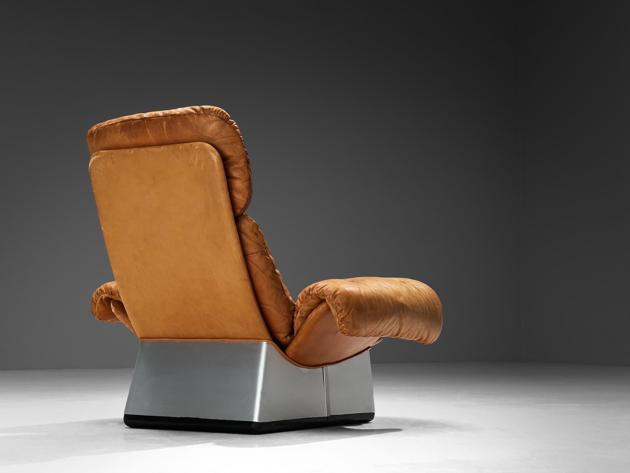 Aluminum Italian Lounge Chair in Cognac Leather For Sale