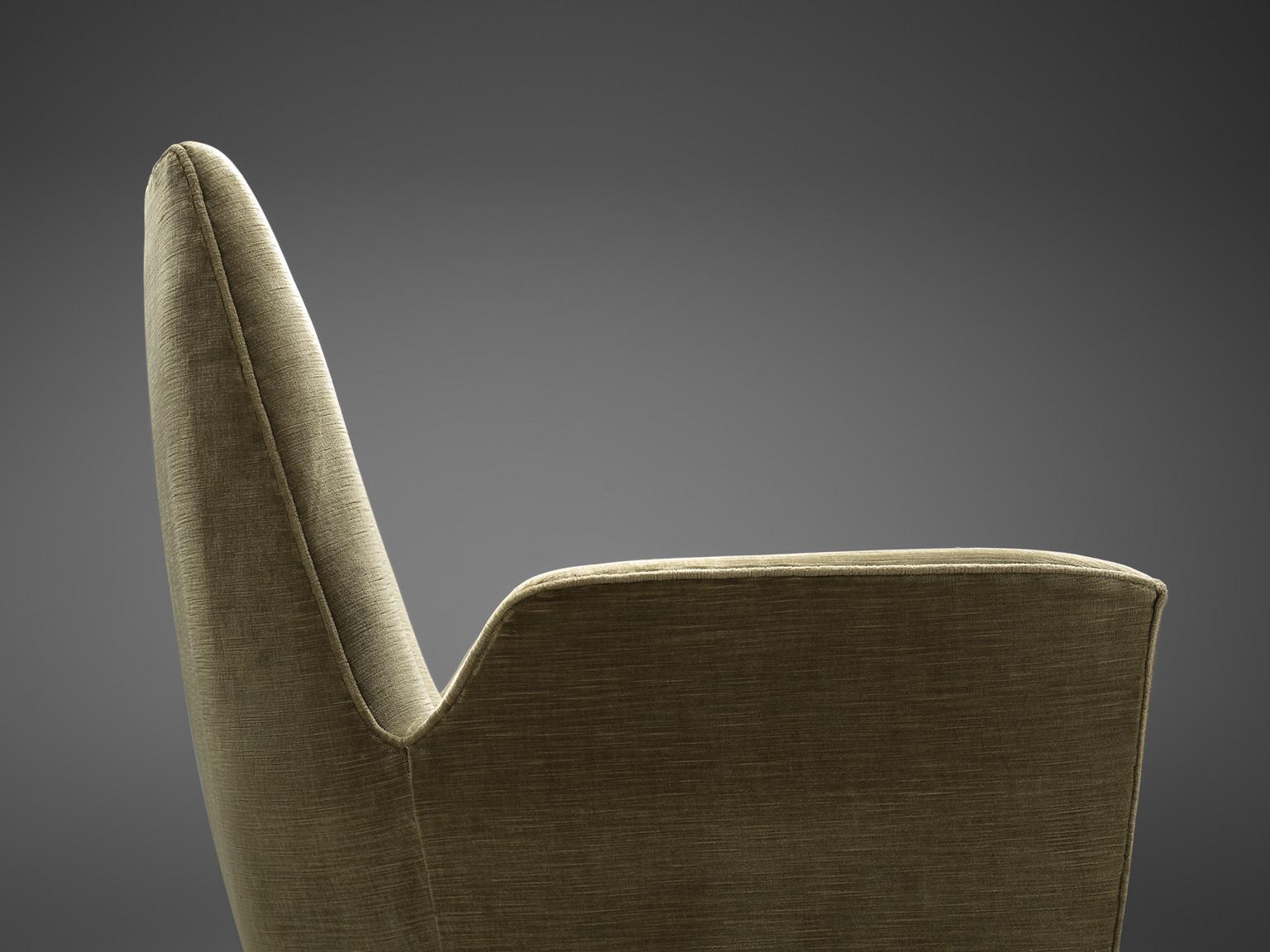 Mid-Century Modern Italian Lounge Chair in Olive Green Velvet Upholstery 