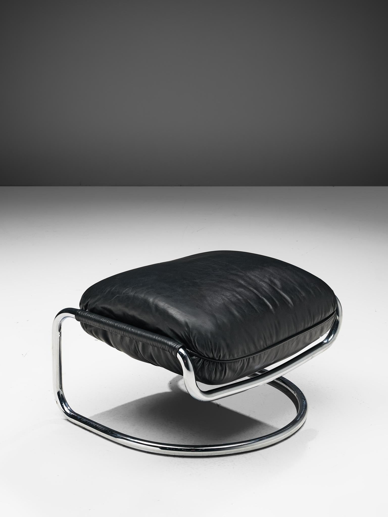 Italian Lounge Chair with Ottoman in Black Leather and Tubular Steel, 1970s 2