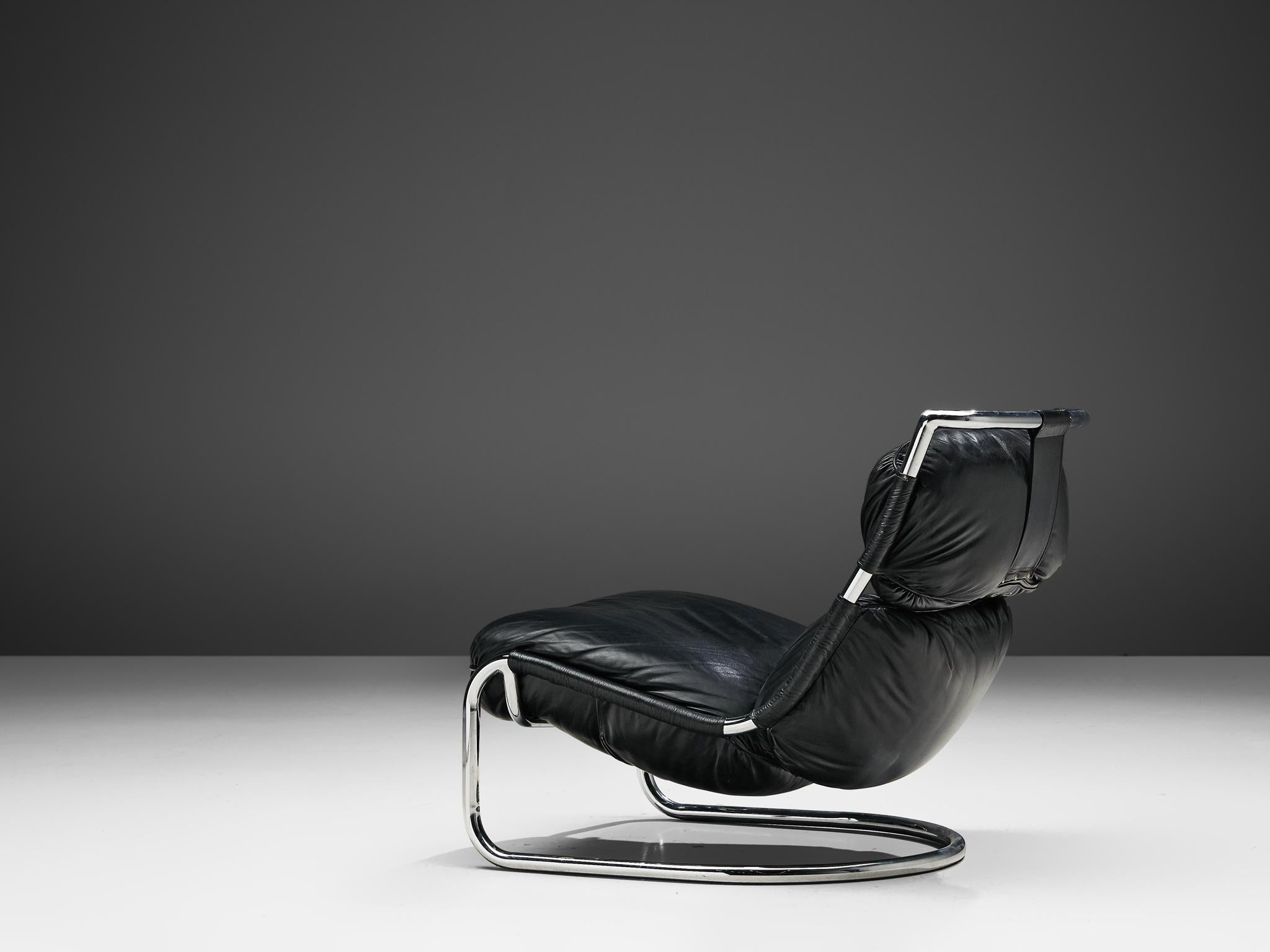 Mid-Century Modern Italian Lounge Chair with Ottoman in Black Leather and Tubular Steel, 1970s