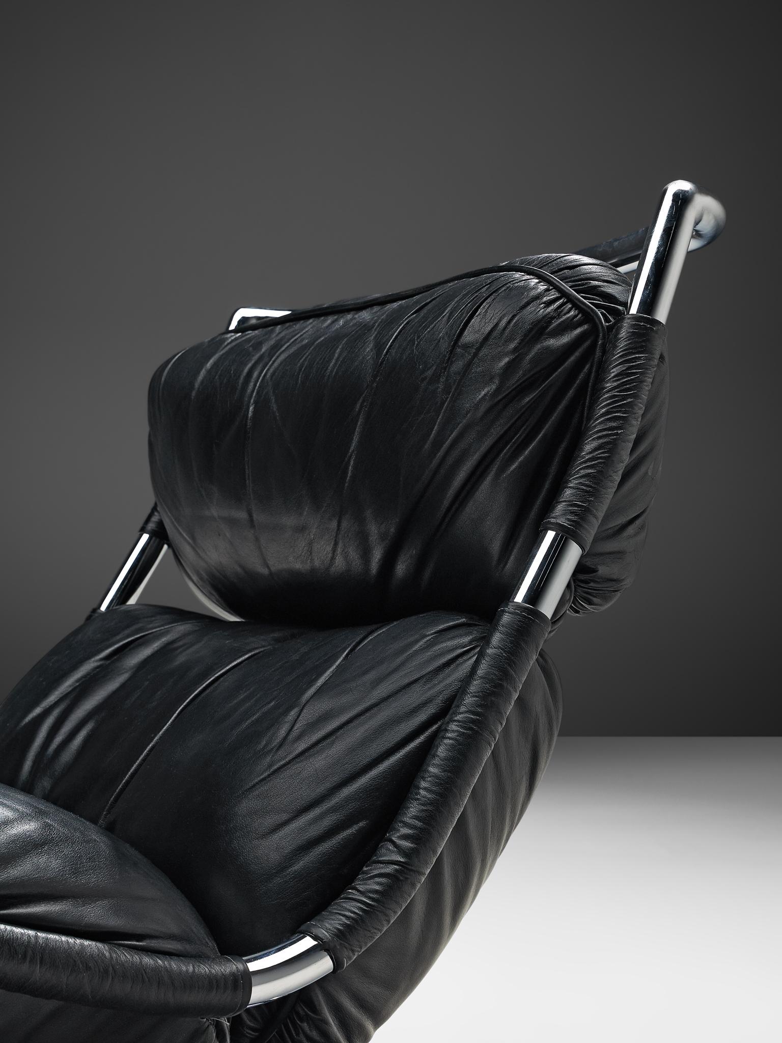 Late 20th Century Italian Lounge Chair with Ottoman in Black Leather and Tubular Steel, 1970s