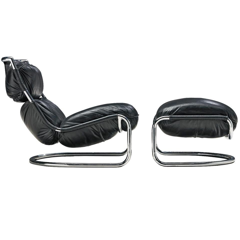 Italian Lounge Chair with Ottoman in Black Leather and Tubular Steel, 1970s