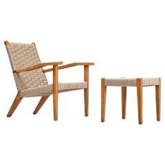 Italian Lounge Chair with Ottoman in Woven Rope