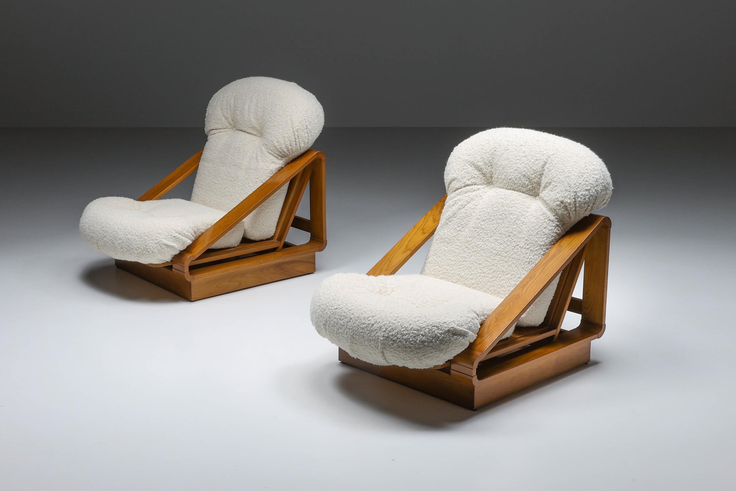 Mid-Century Modern Italian Design; Italian lounge chairs; Renato Toso & Roberto Patio for Stilwood; 1960's

Architectural set of boucle lounge chairs designed by Renato Toso & Roberto Patio for Stilwood. Beautifully upholstered in boucle wool. A