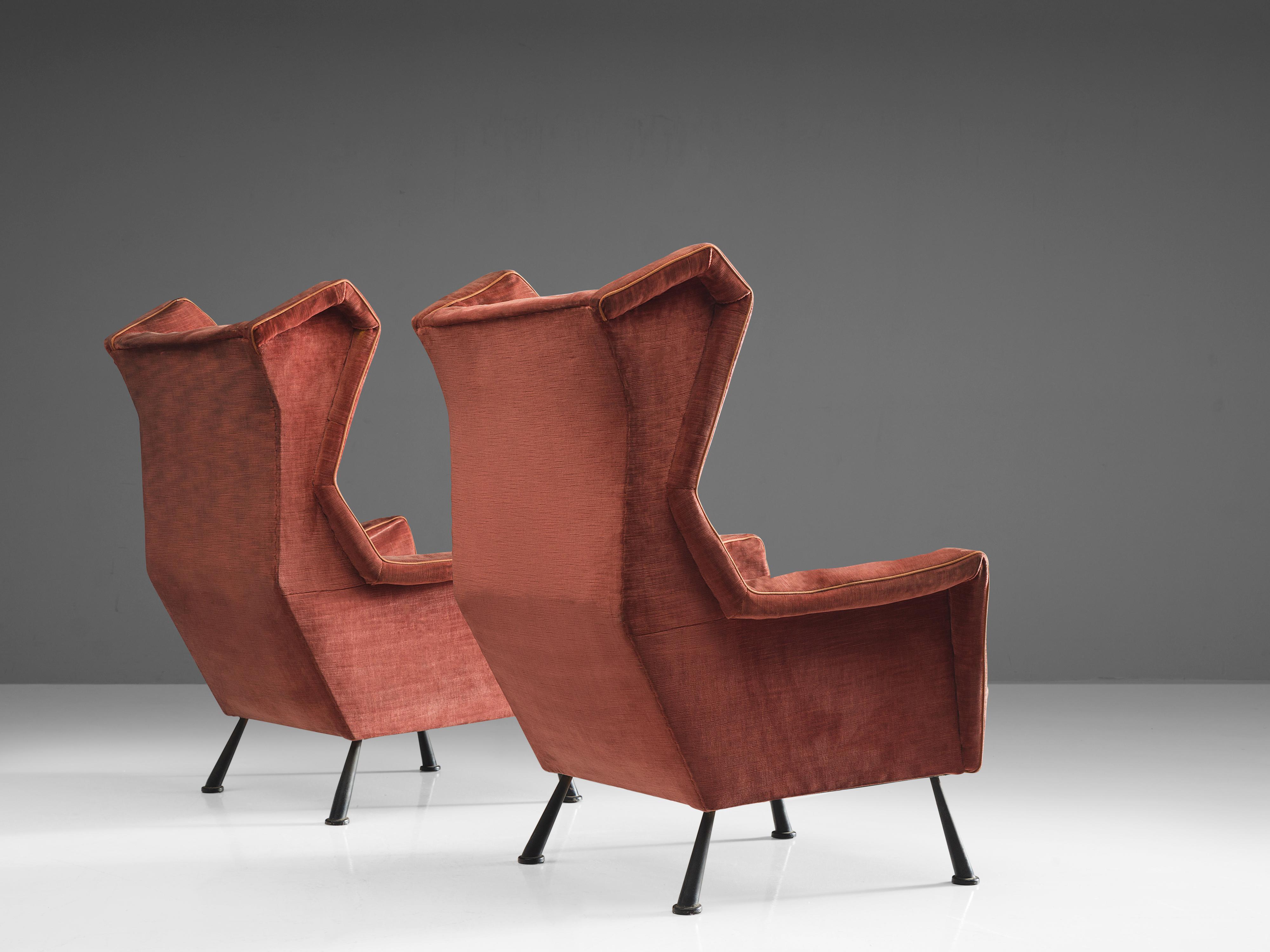 Fabric Italian Pair of Angular Lounge Chairs in Bordeaux Velvet