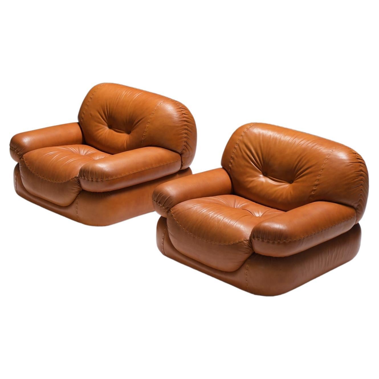 Italian lounge chairs in cognac chairs by Sapporo for Mobil Girgi Italy For Sale