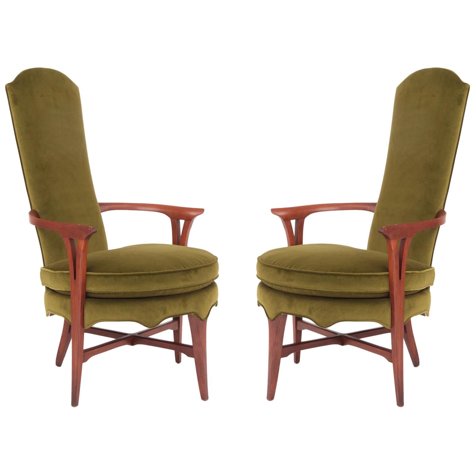 Italian 1960s Lounge Chairs in Green Velvet and Walnut