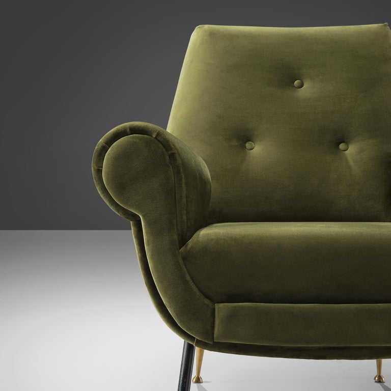 Italian Pair of Lounge Chairs in Green Velvet Upholstery and Brass Feet at 1stDibs green