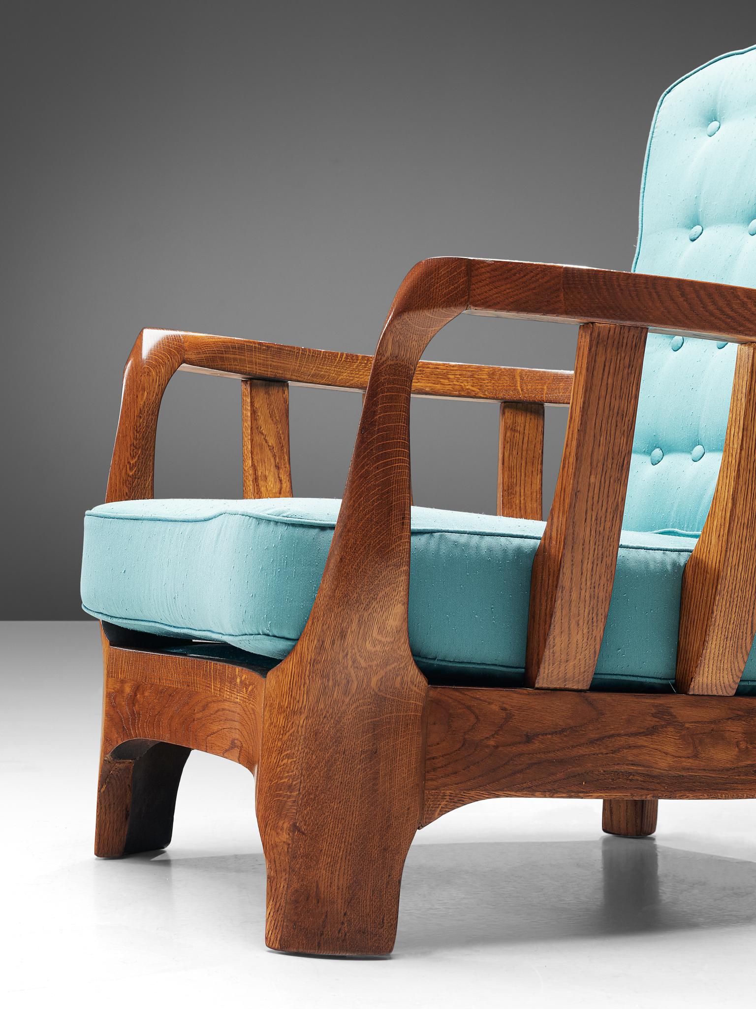 Mid-Century Modern Italian Lounge Chairs in Oak and Blue Fabric