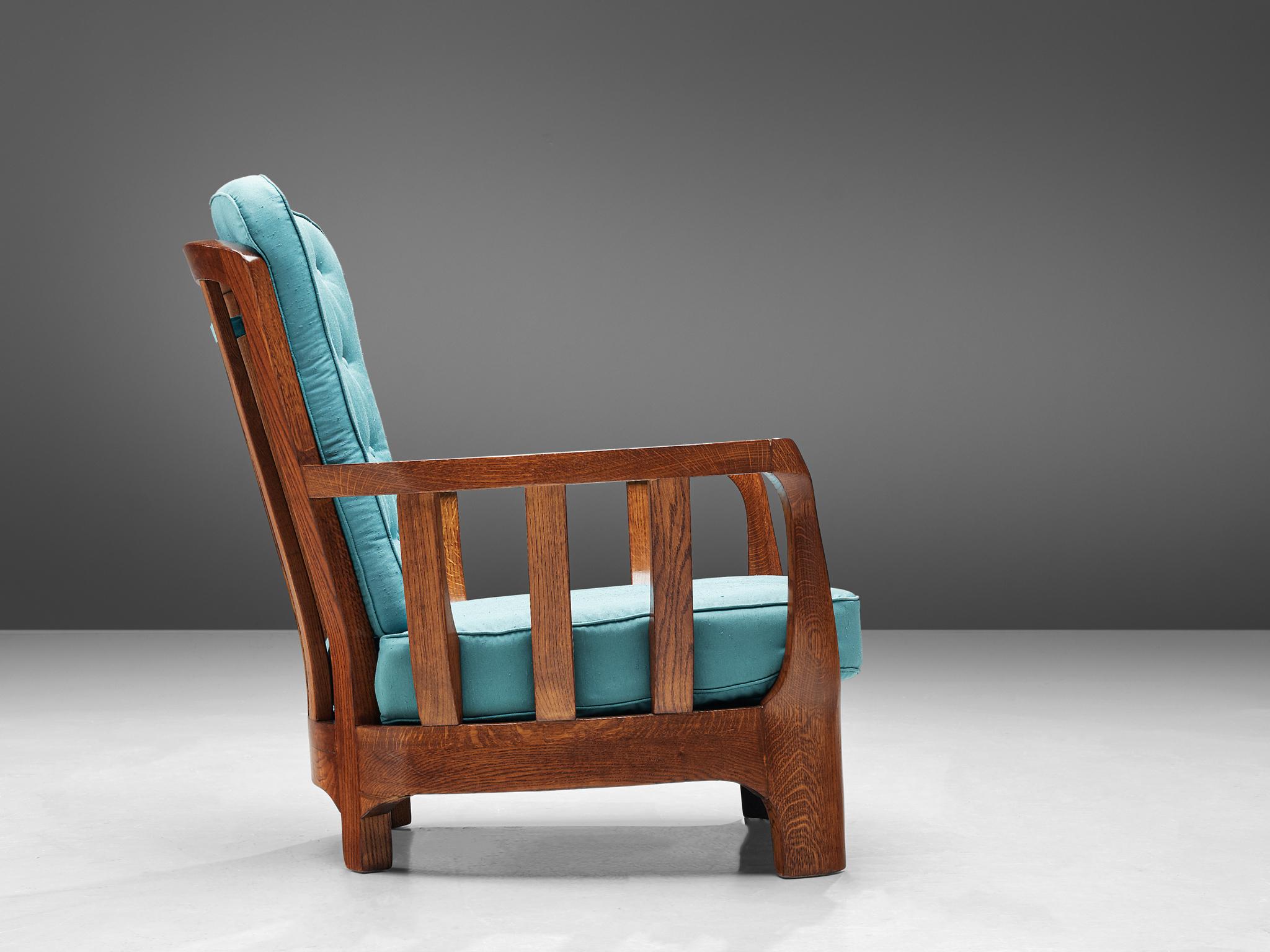 Italian Lounge Chairs in Oak and Blue Fabric 1