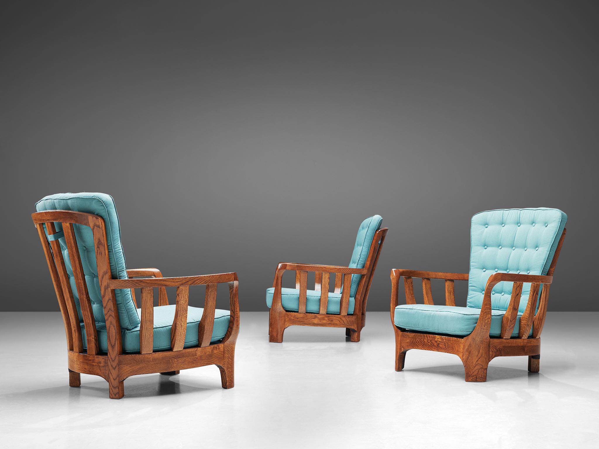 Italian Lounge Chairs in Oak and Blue Fabric 3