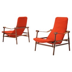 Italian Lounge Chairs in Red Fabric Upholstery