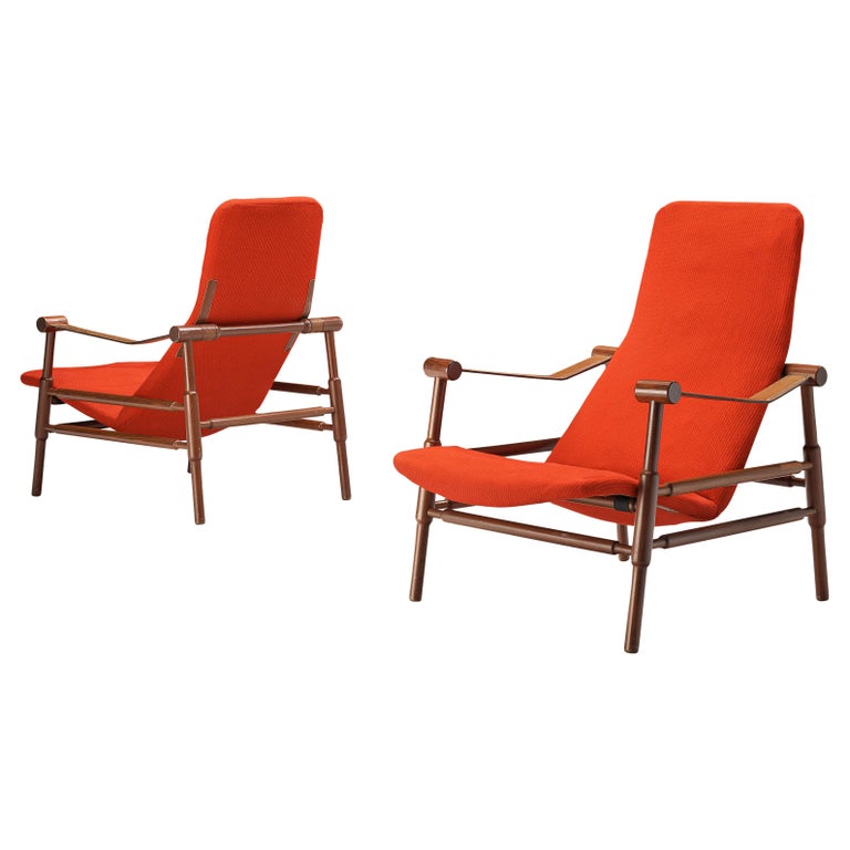 Italian Lounge Chairs in Red Fabric Upholstery For Sale