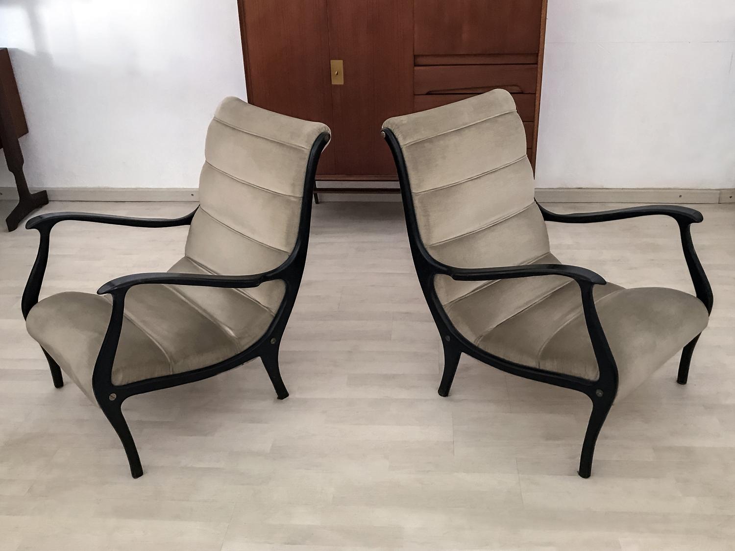 Mid-Century Modern Italian Lounge Chairs in Velvet by Ezio Longhi for Elam, 1950s, Set of 2