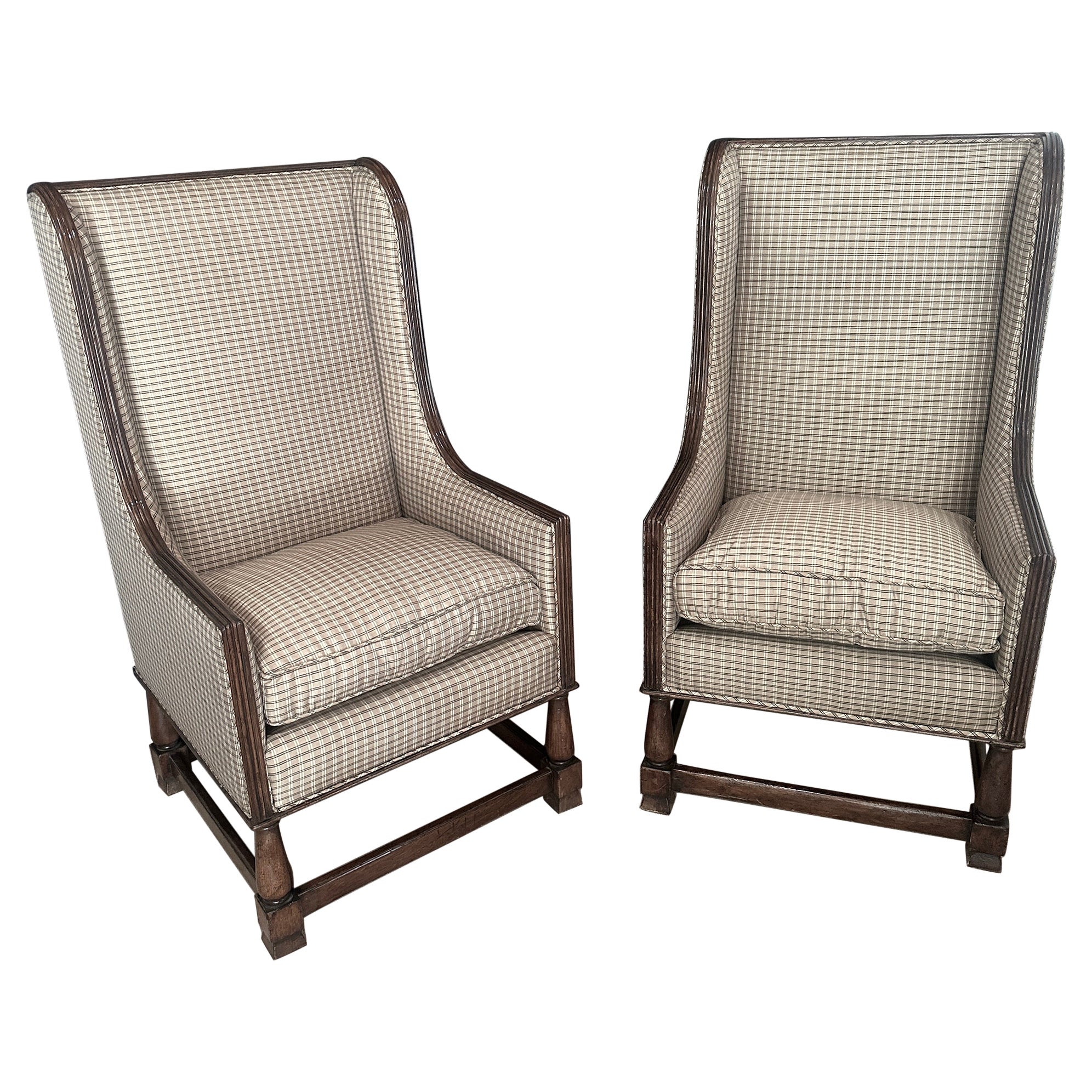 Italian Lounge Chairs in Walnut -a pair - newly upholstered in Silk Plaid