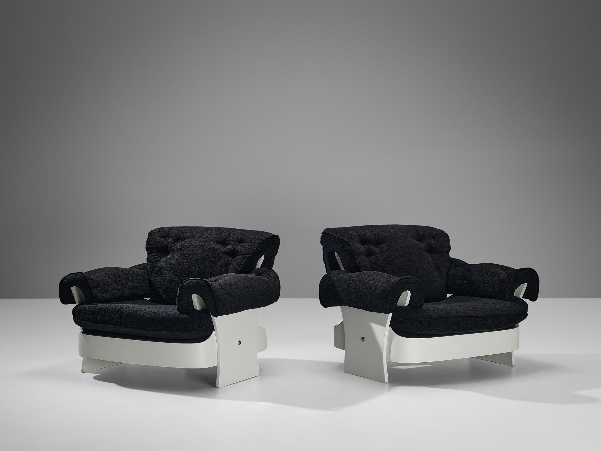 Post-Modern Italian Lounge Chairs in White Plywood and Black Upholstery